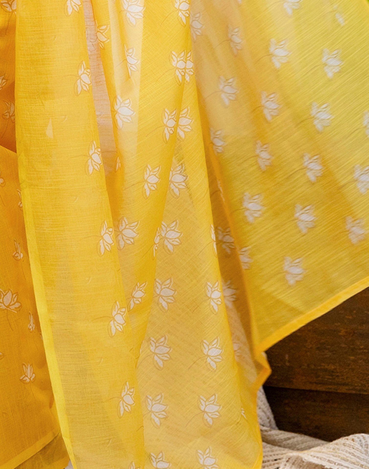 Yellow Cotton Printed Saree
