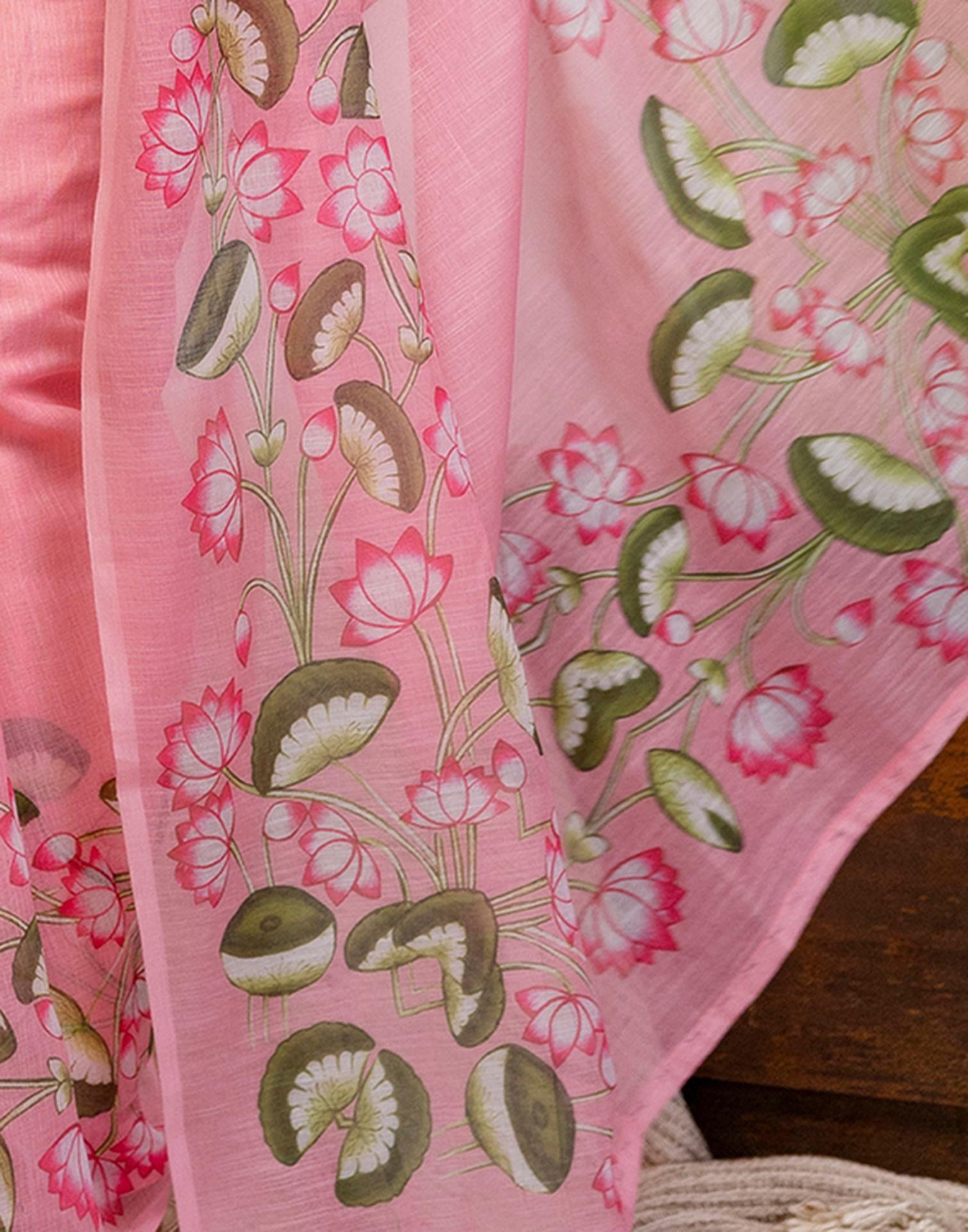 Baby Pink Cotton Floral Printed Saree