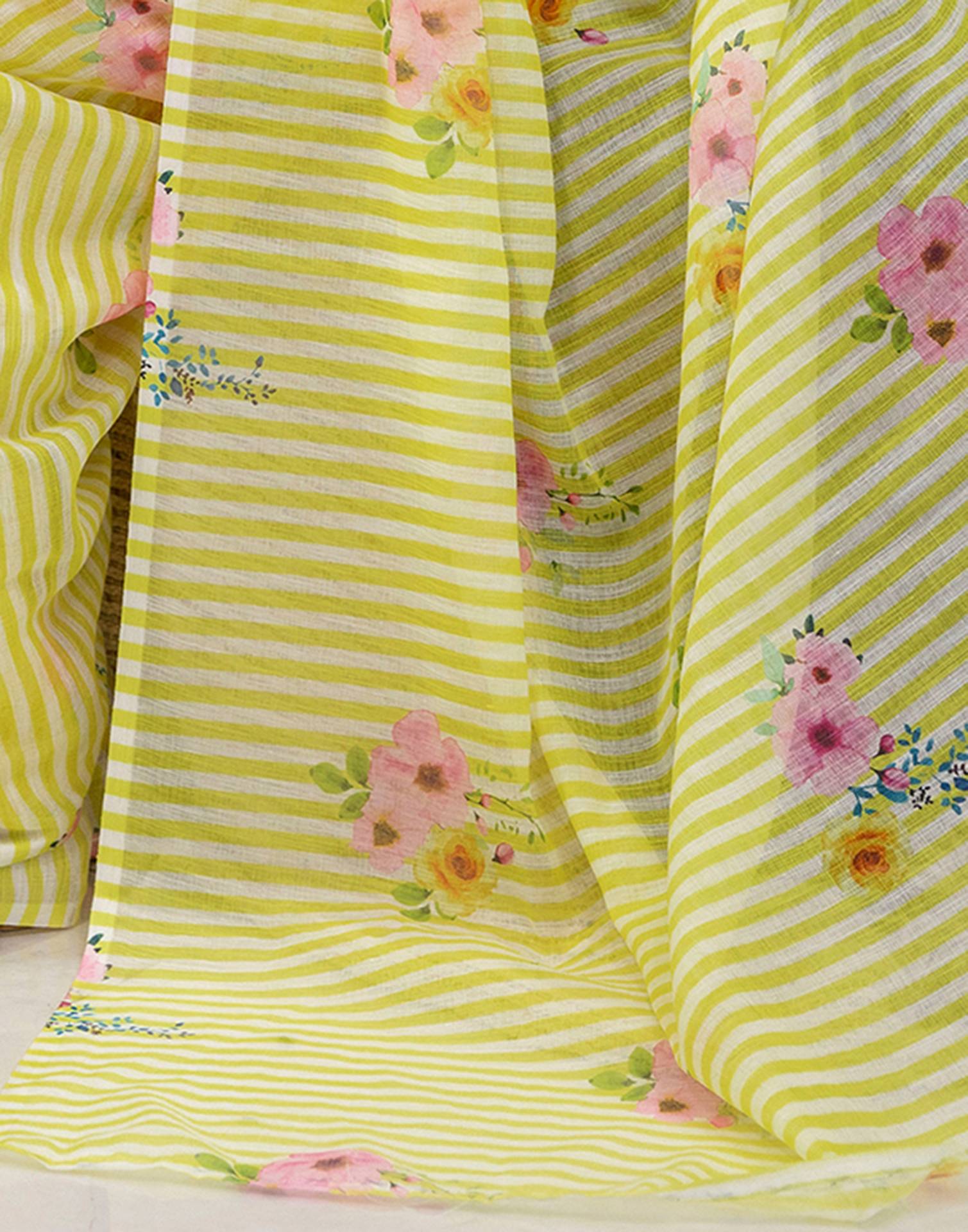 Light Yellow Cotton Printed Saree