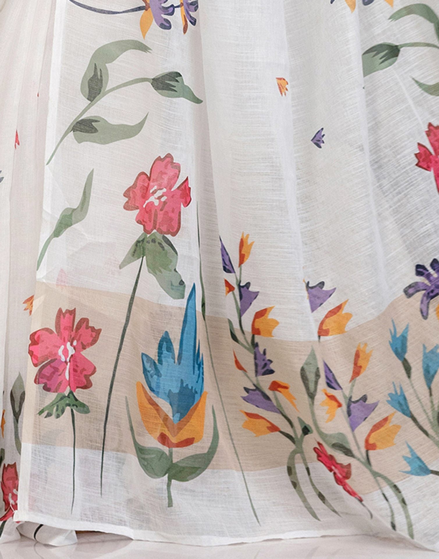 White Cotton Floral Printed Saree