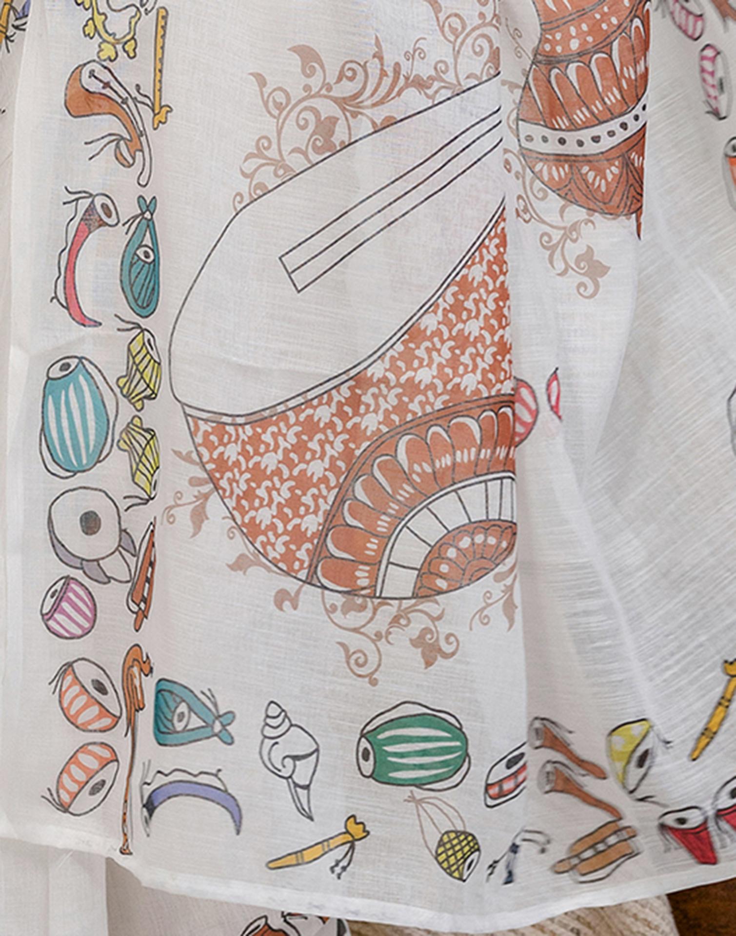 White Cotton Printed Saree