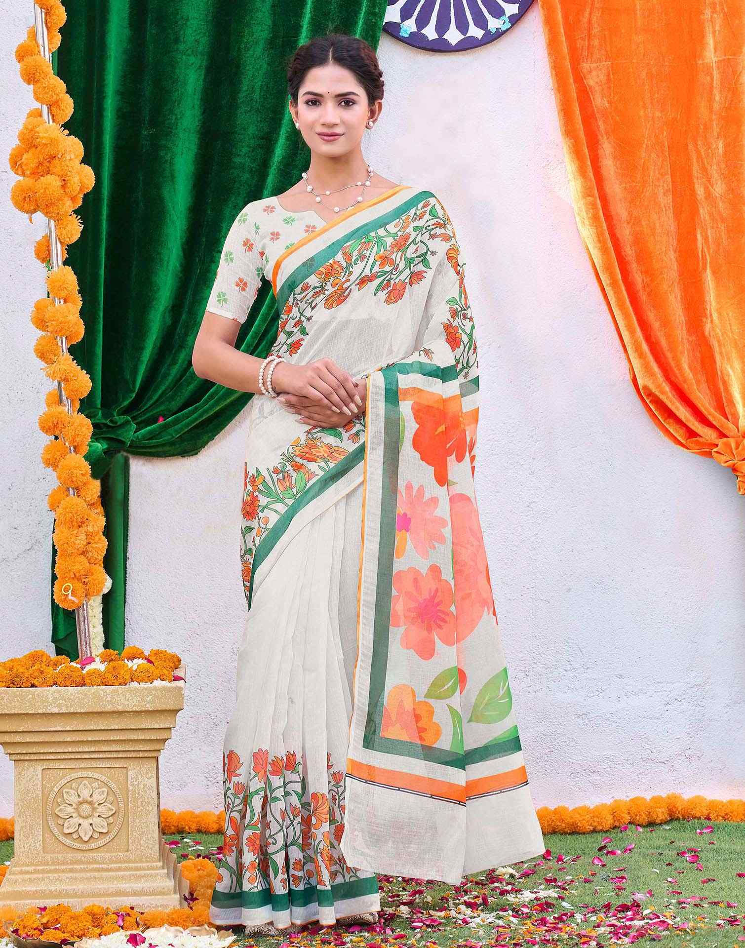 White Linen Floral Printed Saree