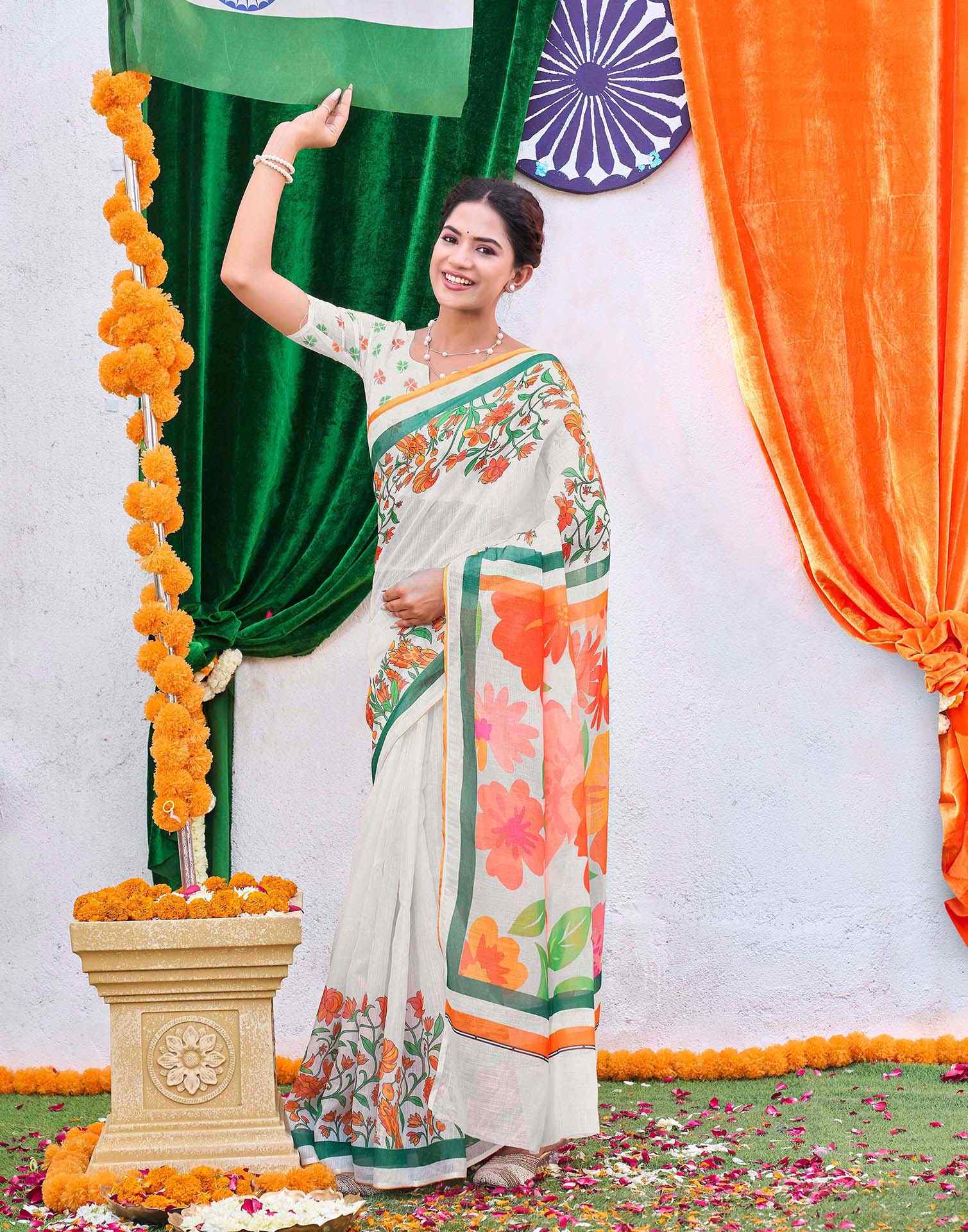 White Linen Floral Printed Saree