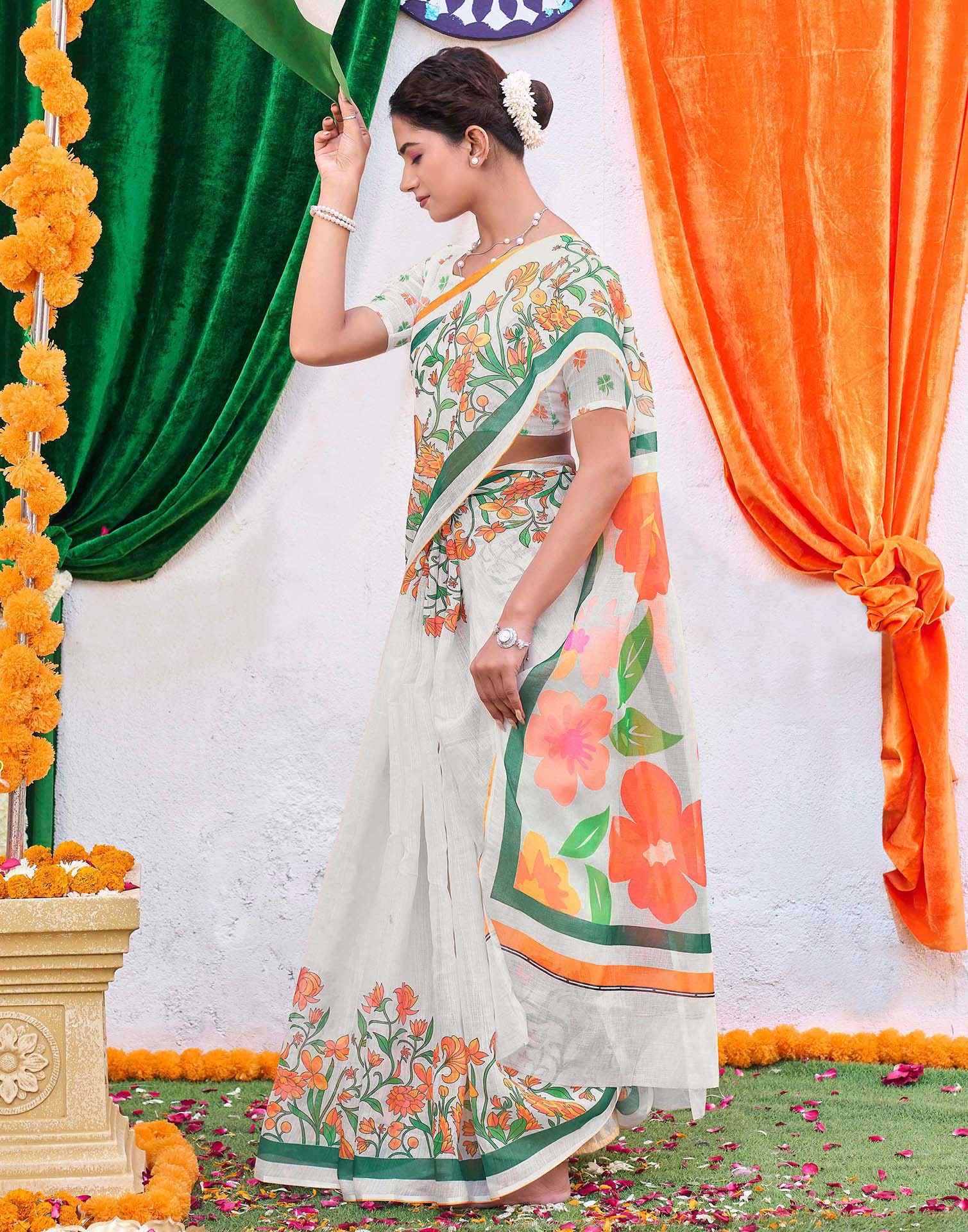 White Linen Floral Printed Saree