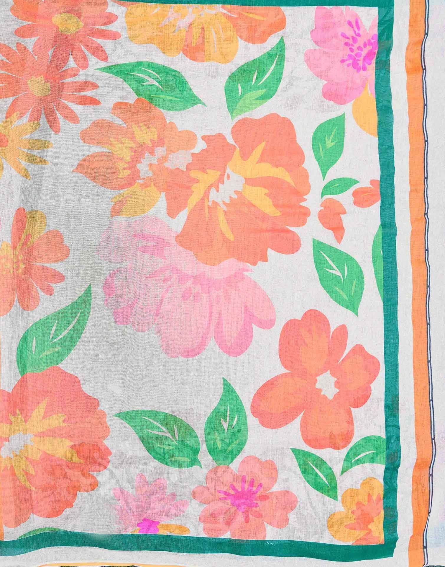 White Linen Floral Printed Saree