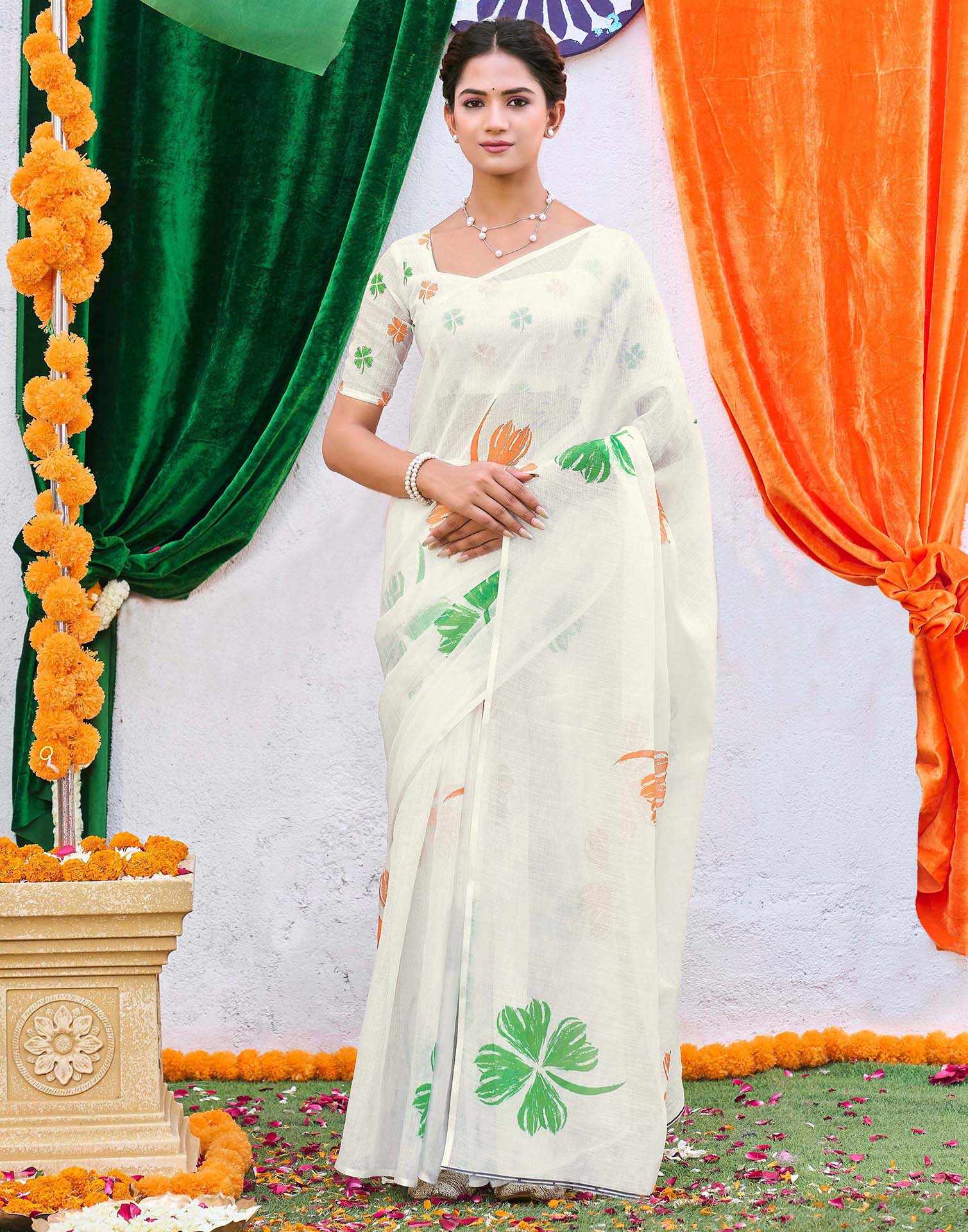 White Linen Printed Saree