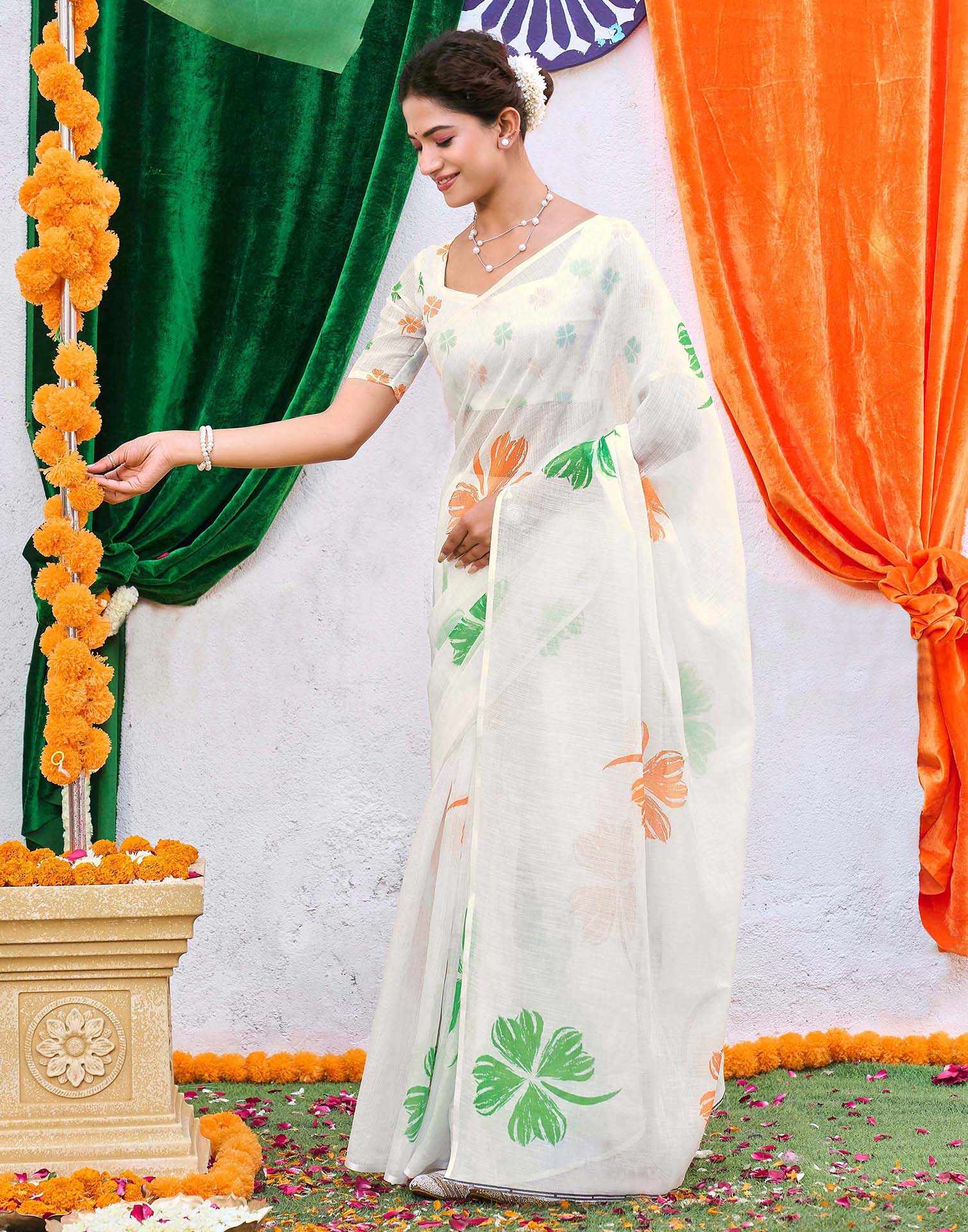 White Linen Printed Saree