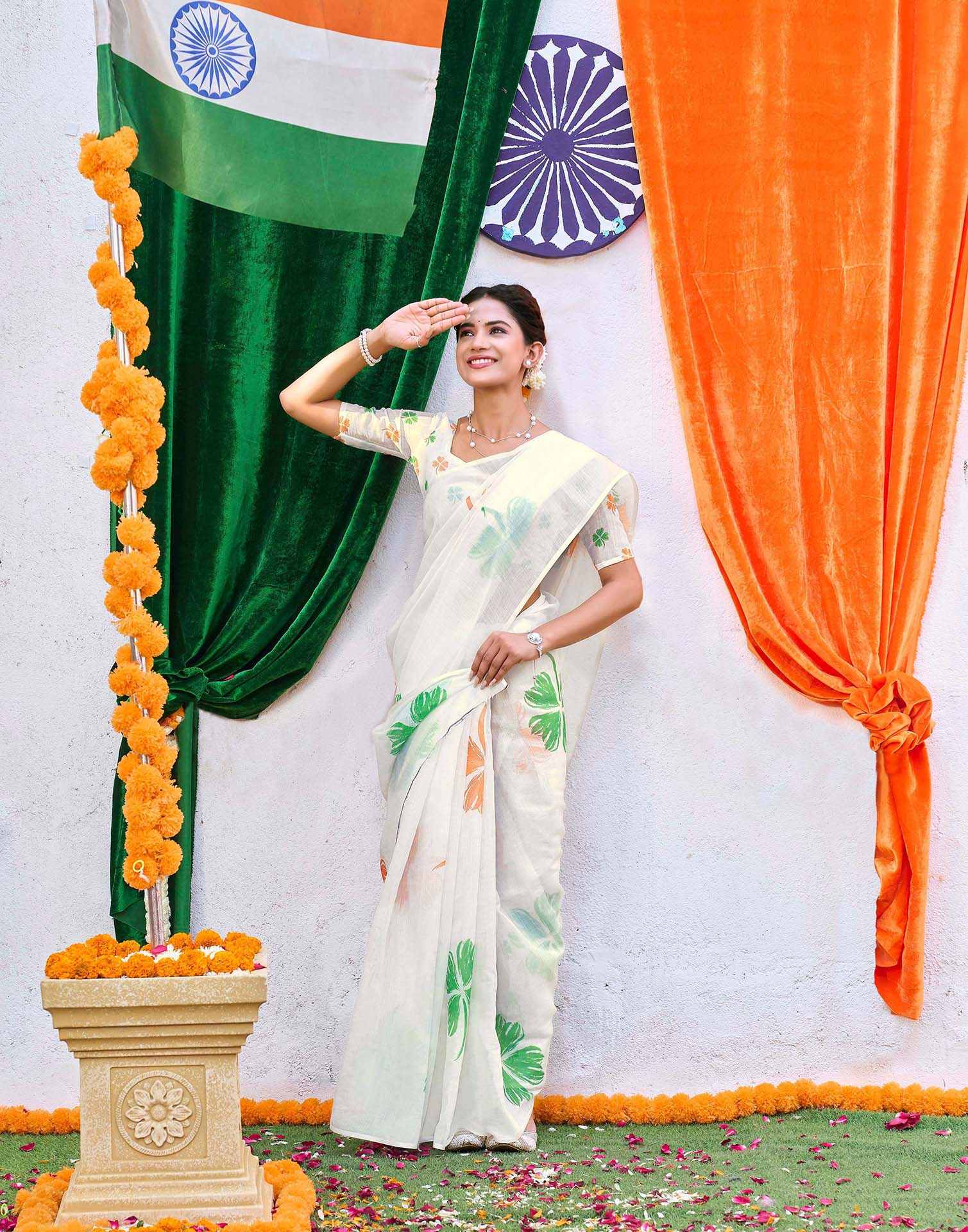 White Linen Printed Saree