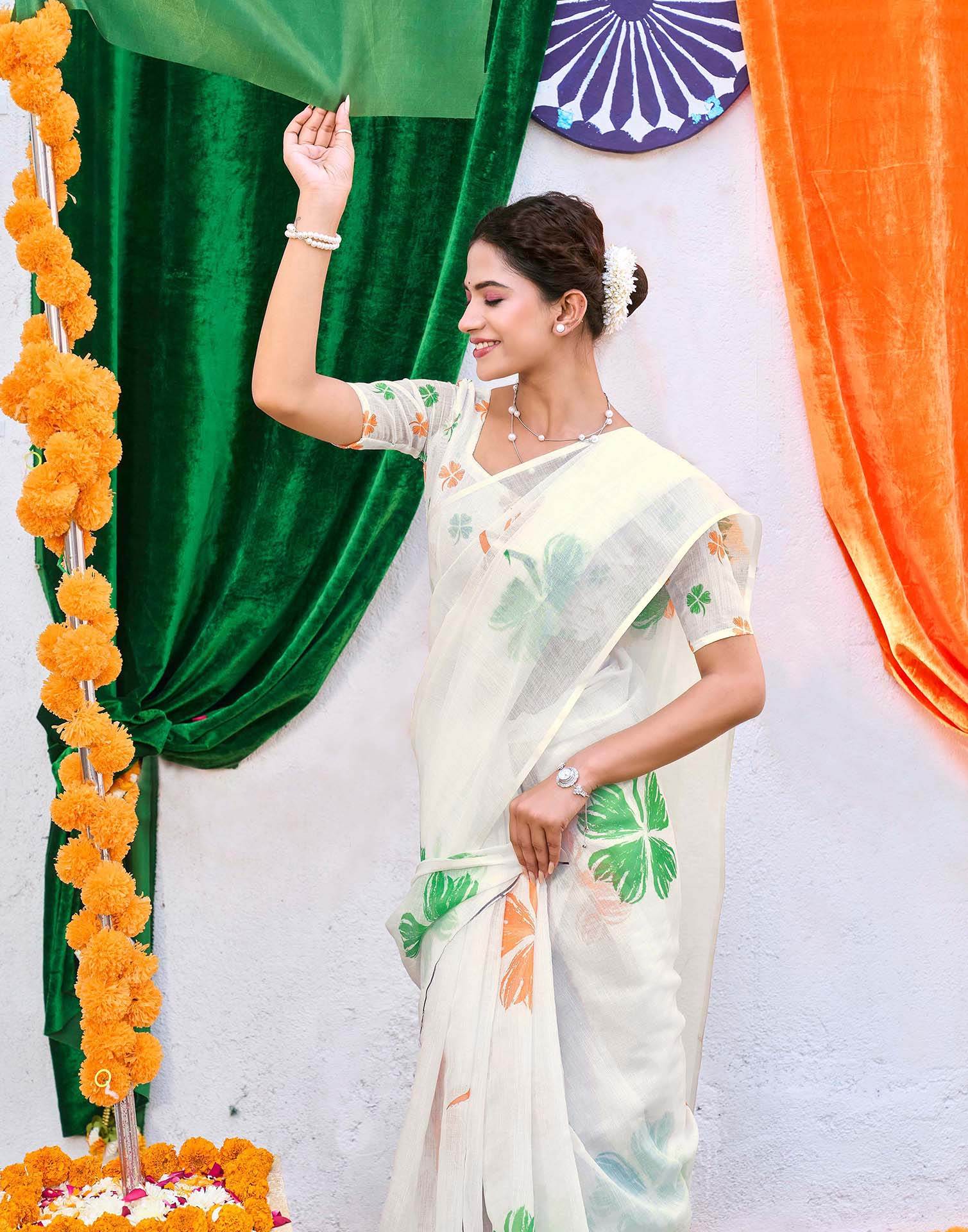 White Linen Printed Saree
