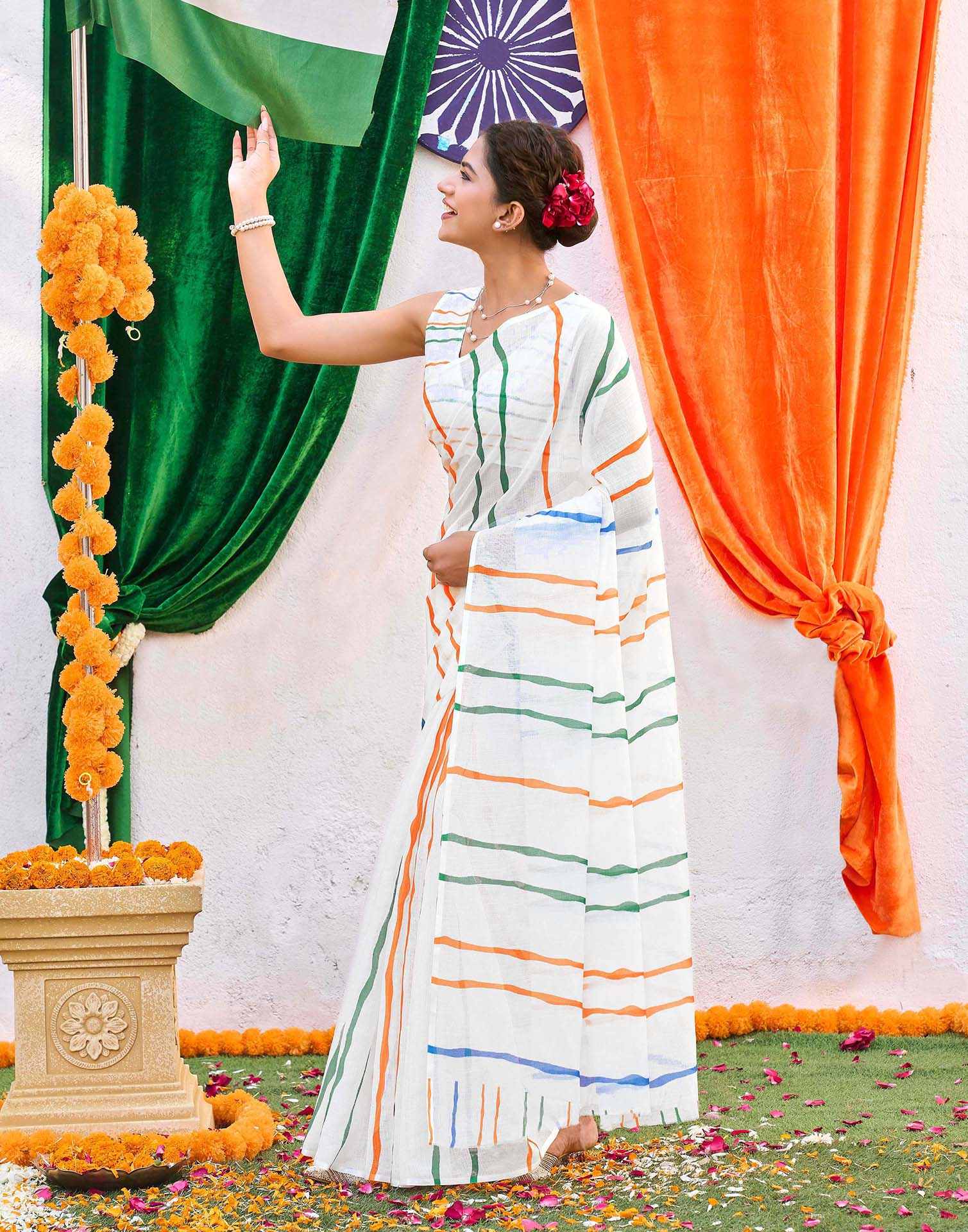 White Linen Printed Saree