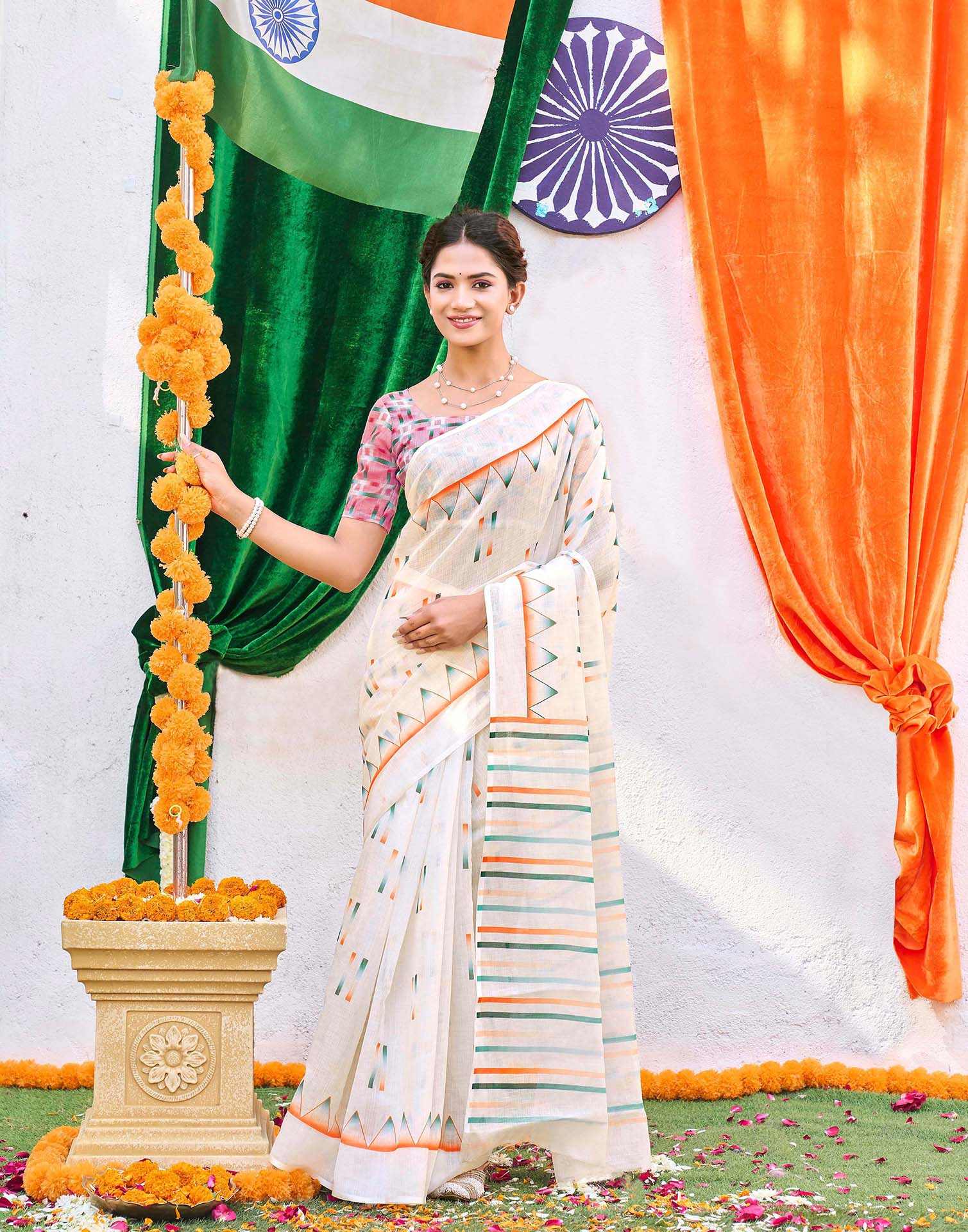 White Linen Printed Saree