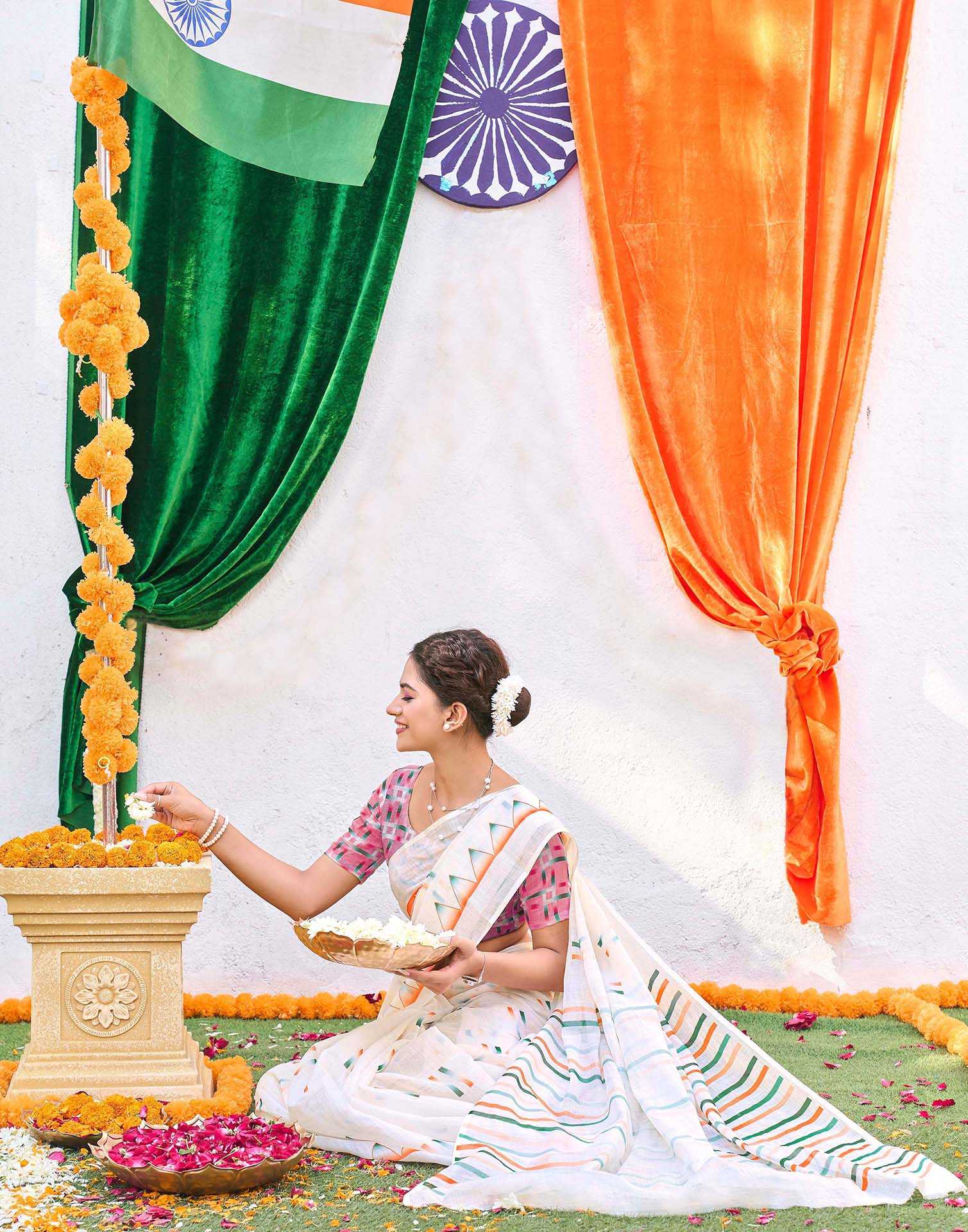 White Linen Printed Saree