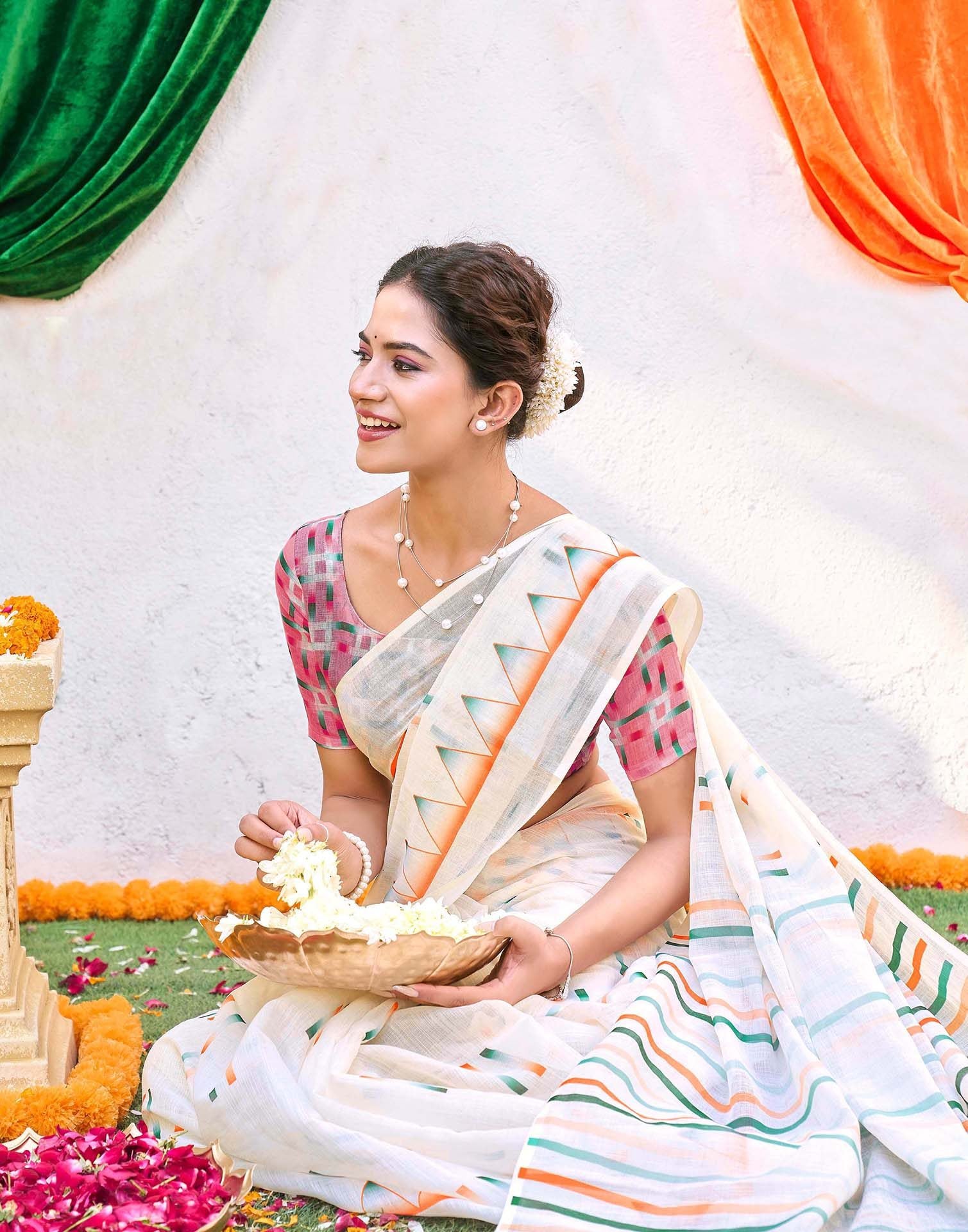 White Linen Printed Saree