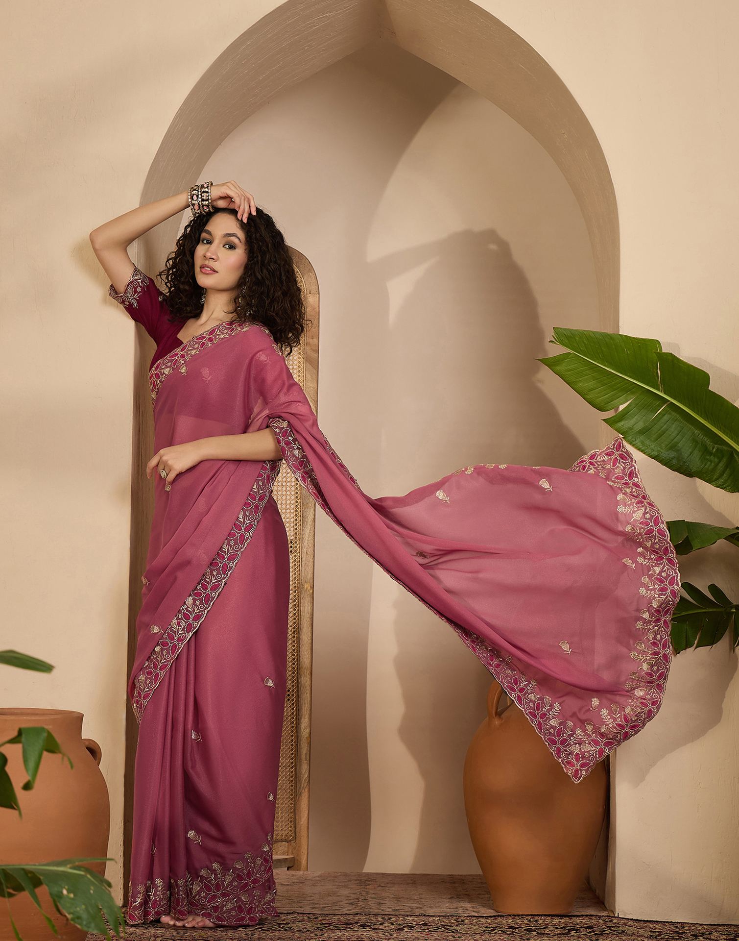 Dusty Rose Pink Shimmer Sequence Embroidery Saree