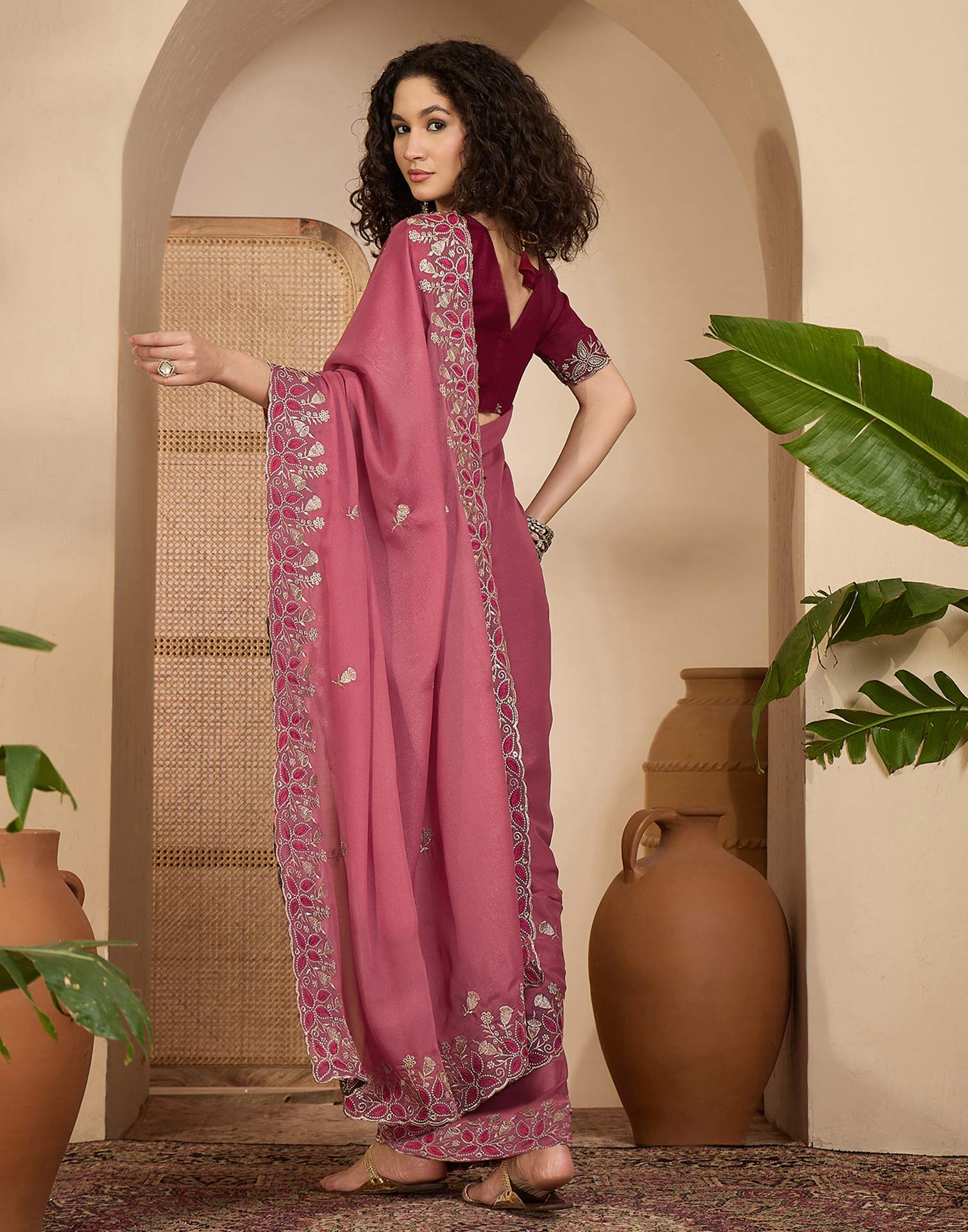 Dusty Rose Pink Shimmer Sequence Embroidery Saree