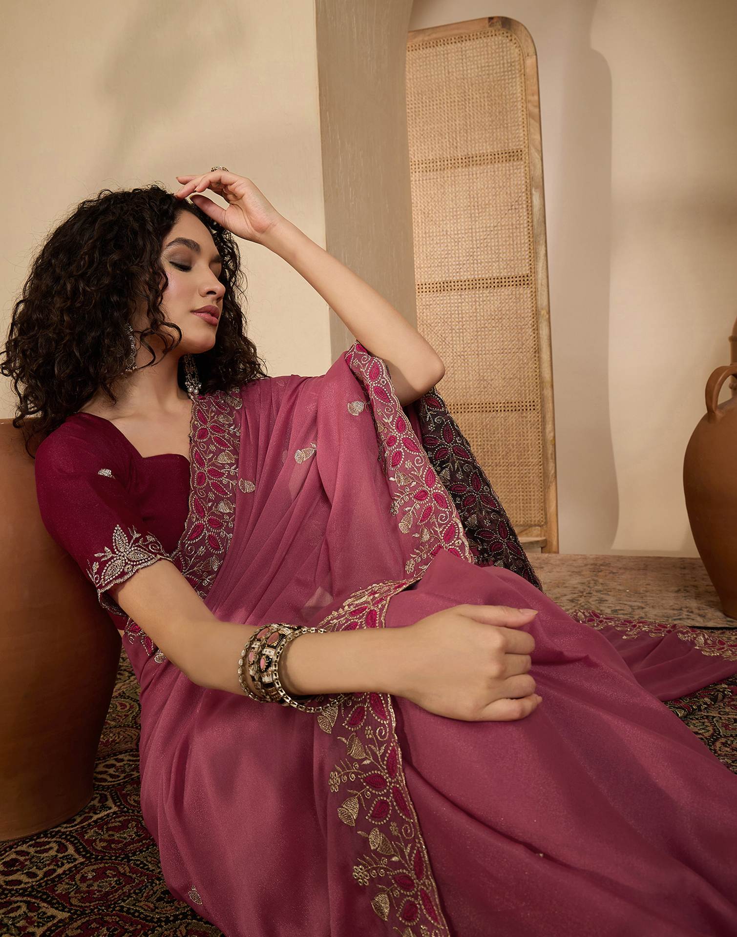 Dusty Rose Pink Shimmer Sequence Embroidery Saree