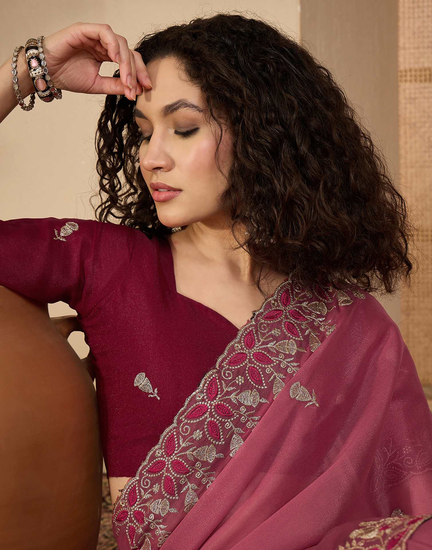 Dusty Rose Pink Shimmer Sequence Embroidery Saree