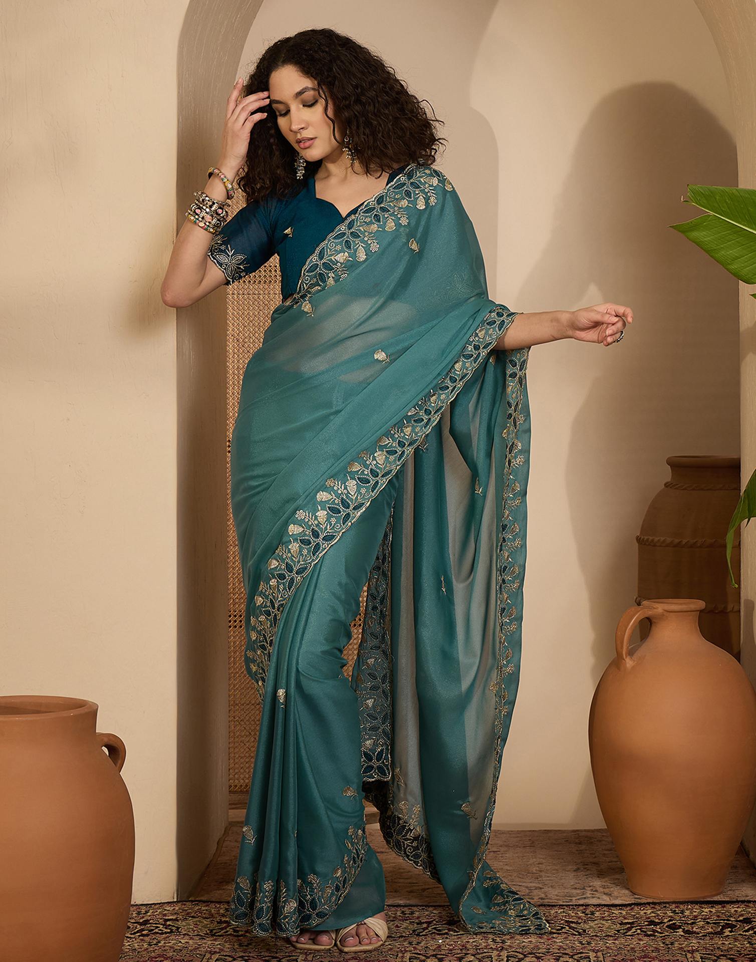 Dusty Teal Blue Shimmer Sequence Embroidery Saree