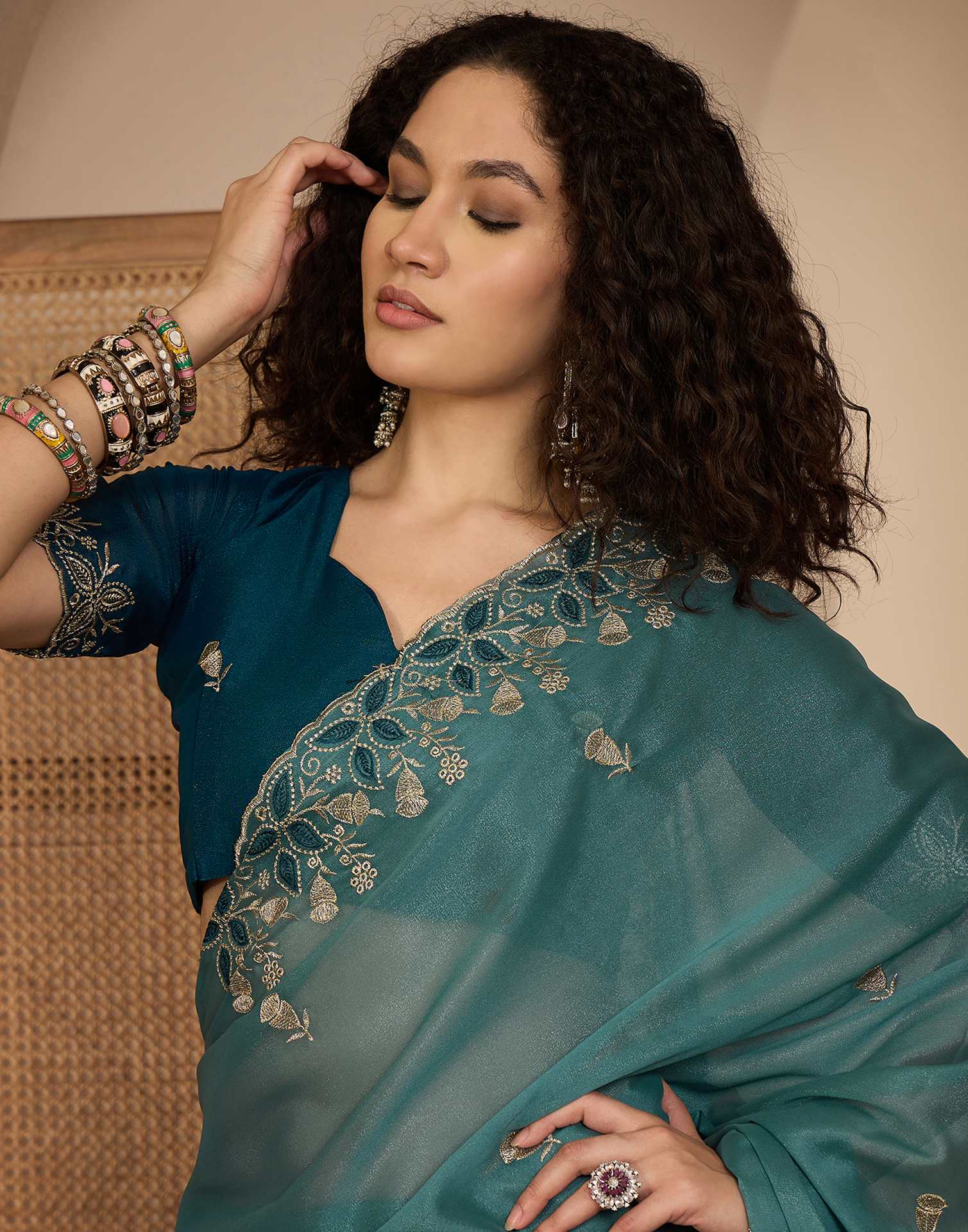 Dusty Teal Blue Shimmer Sequence Embroidery Saree
