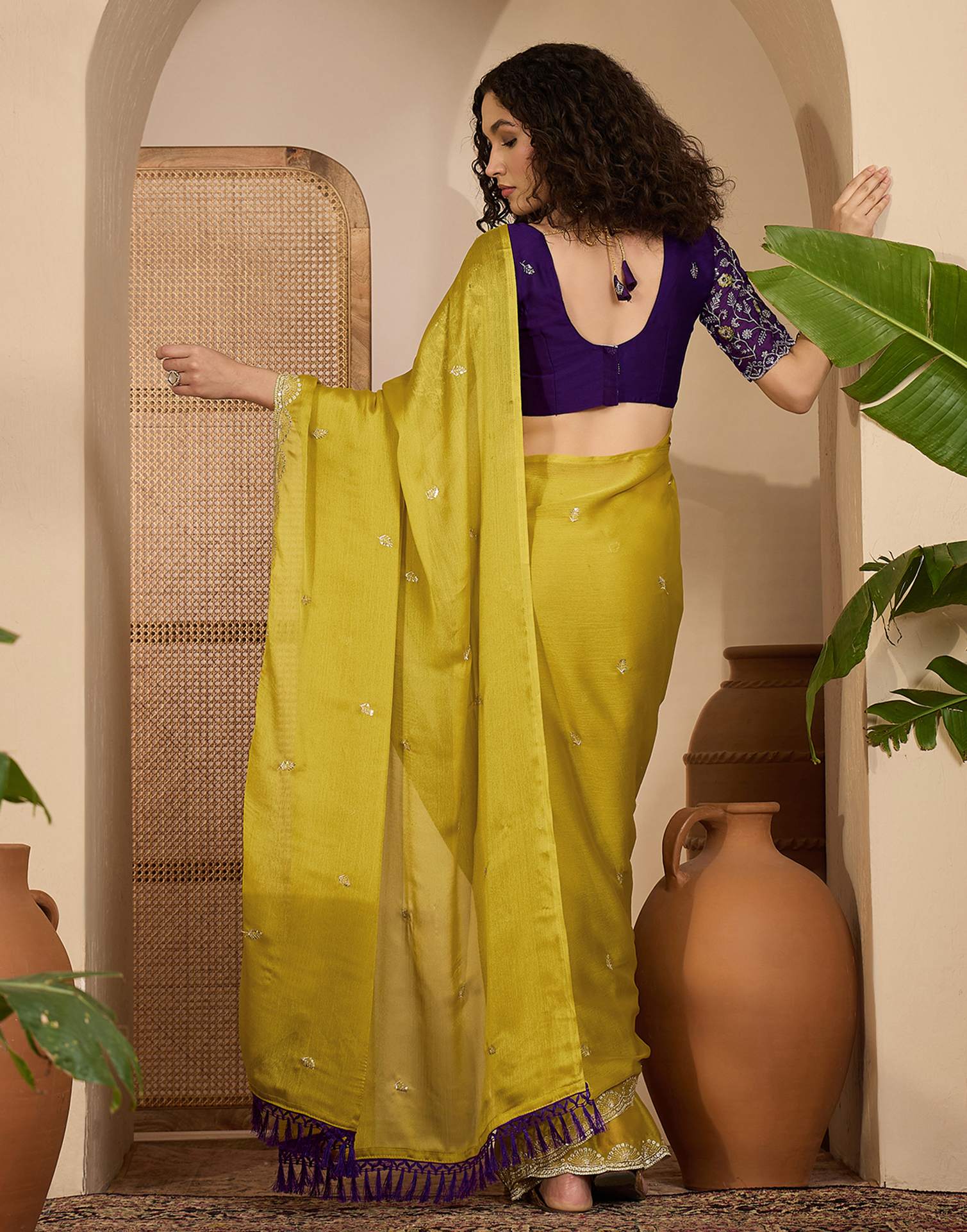 Lime Yellow Chiffon Sequence Embroidery Saree