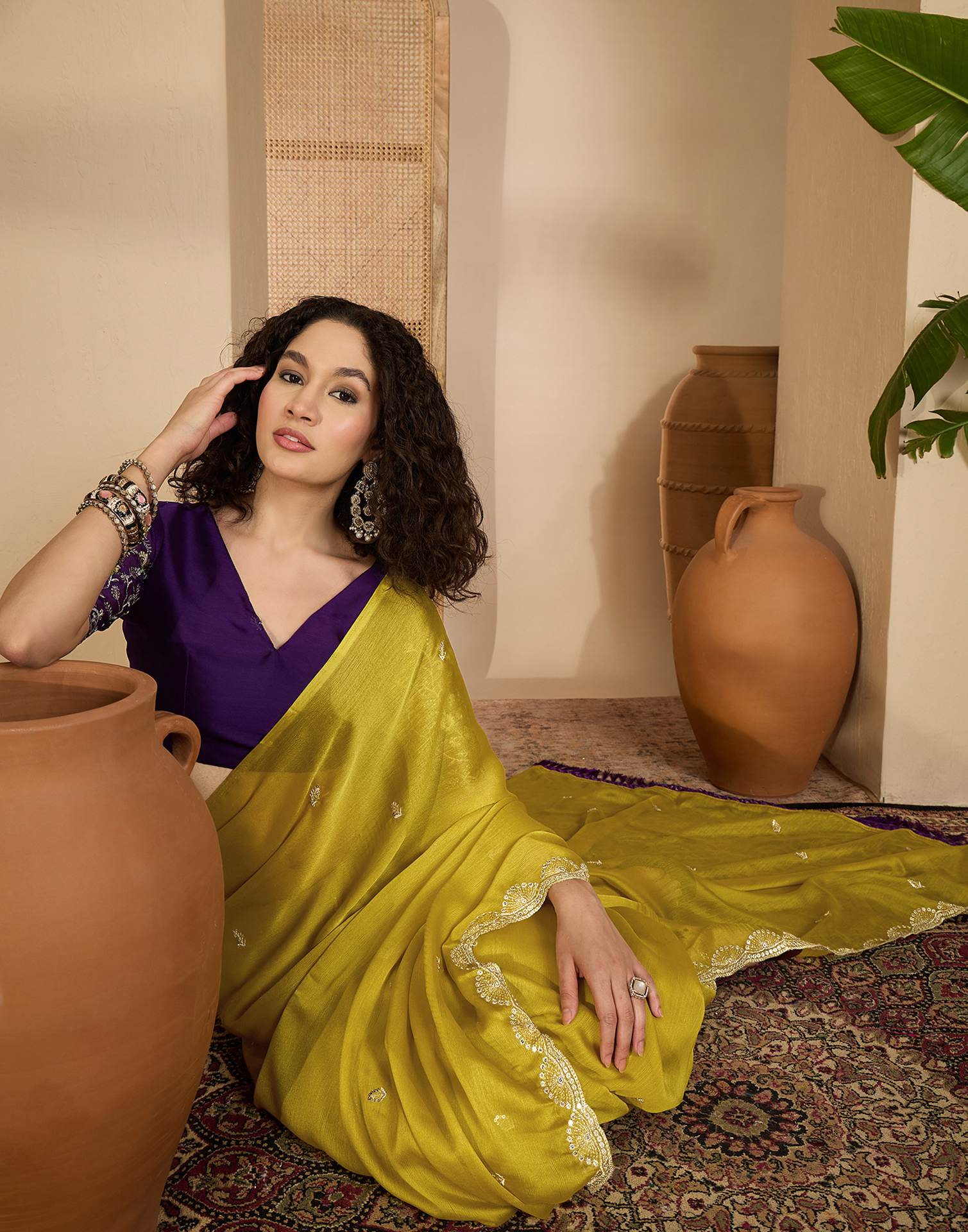 Lime Yellow Chiffon Sequence Embroidery Saree