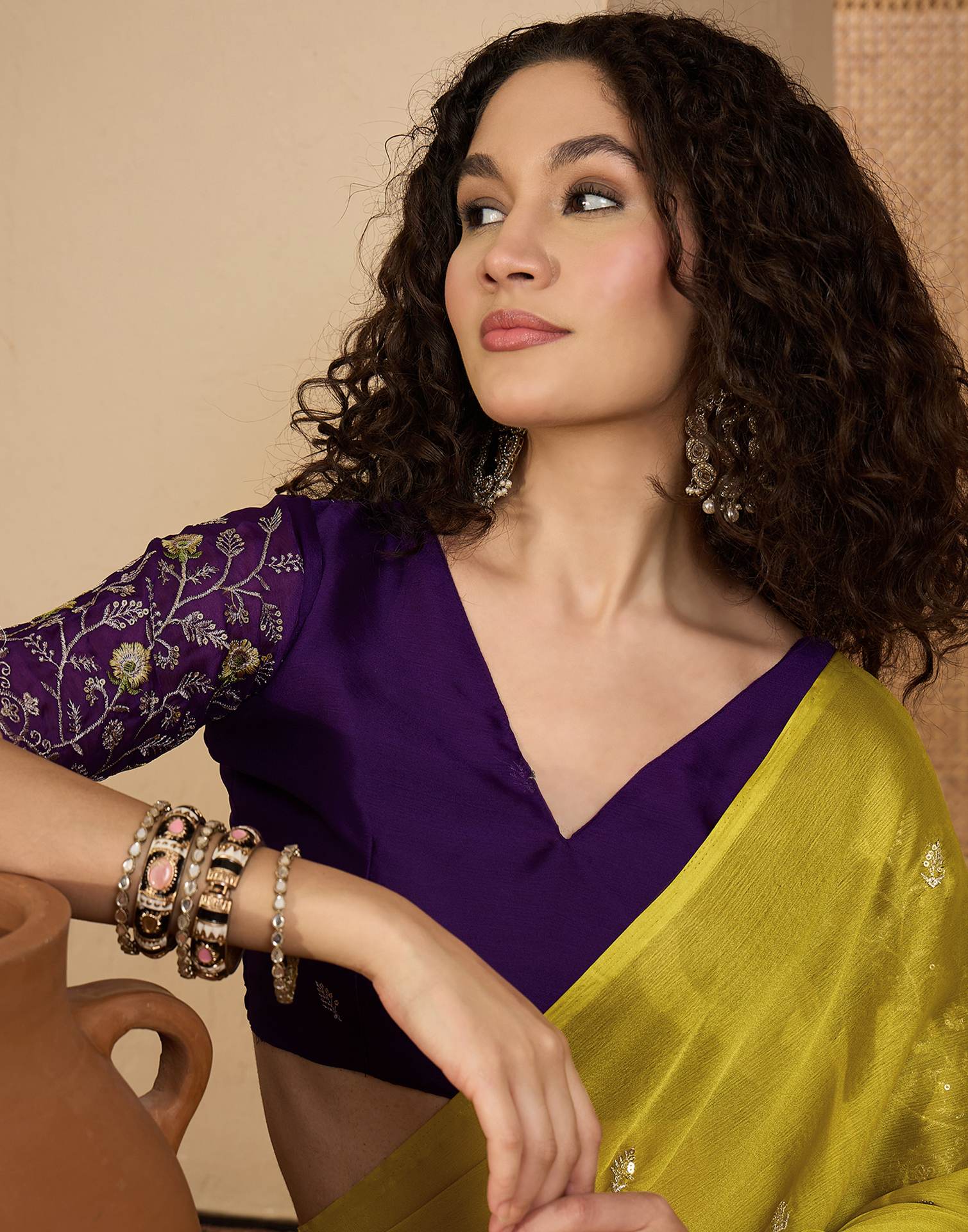 Lime Yellow Chiffon Sequence Embroidery Saree