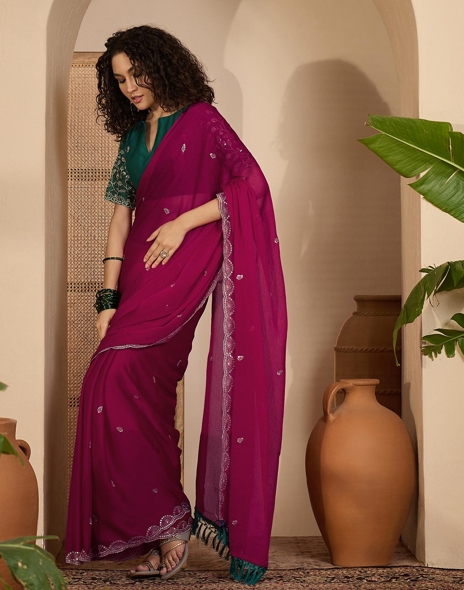 Rani Pink Chiffon Sequence Embroidery Saree