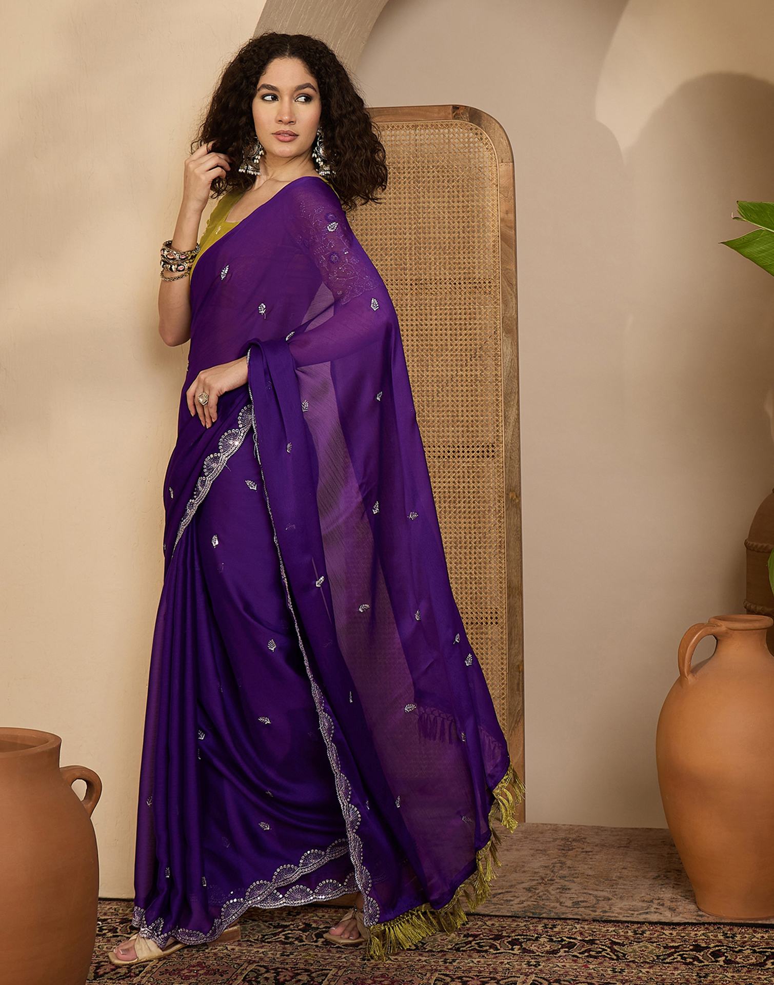 Purple Chiffon Sequence Embroidery Saree