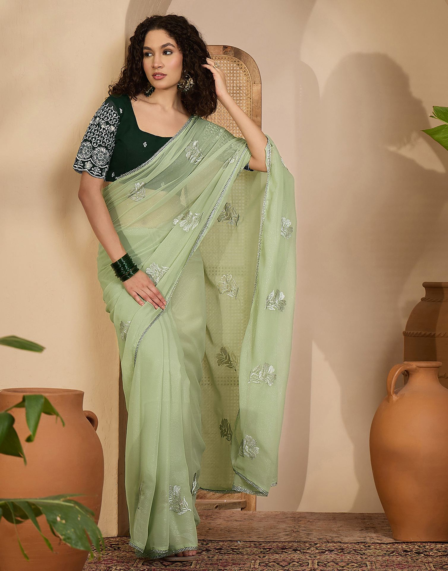 Light Mint Green Georgette Sequence Embroidery saree