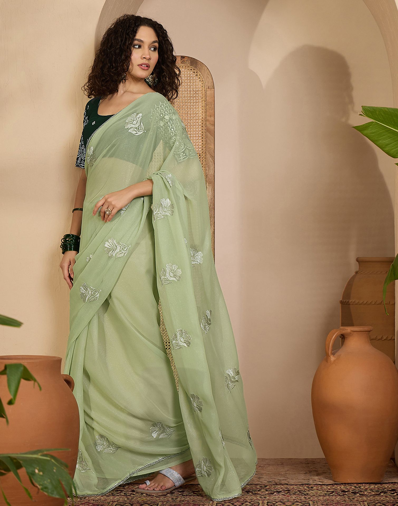 Light Mint Green Georgette Sequence Embroidery saree