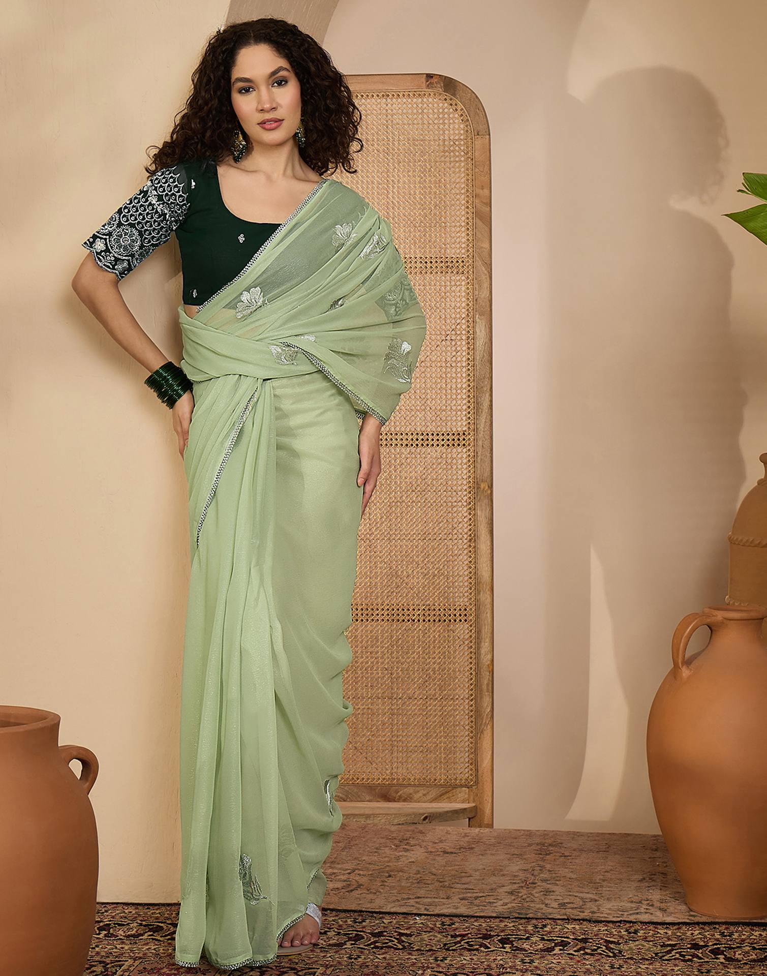 Light Mint Green Georgette Sequence Embroidery saree