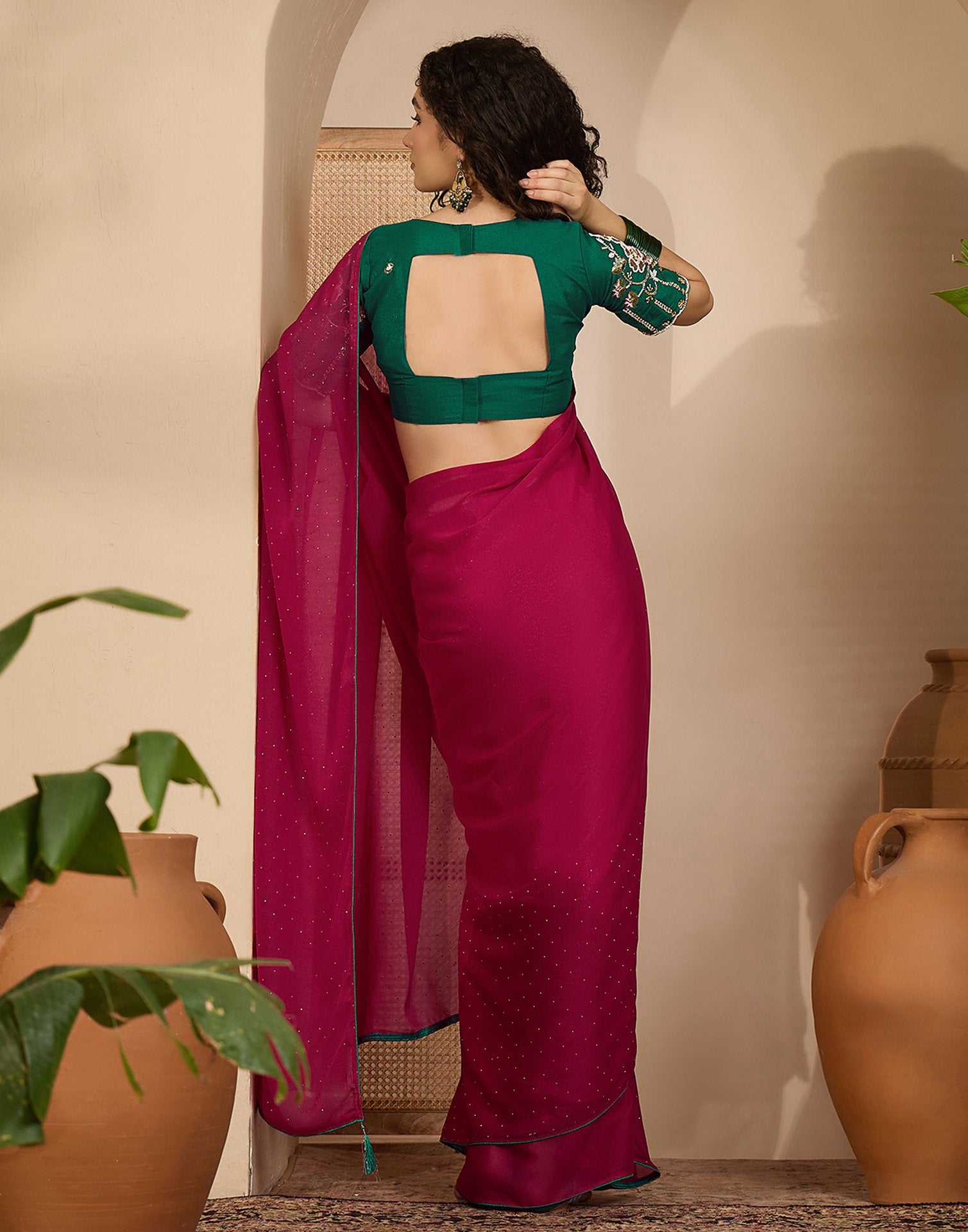 Dark Rani Pink Shimmer Stone Work Embellished saree