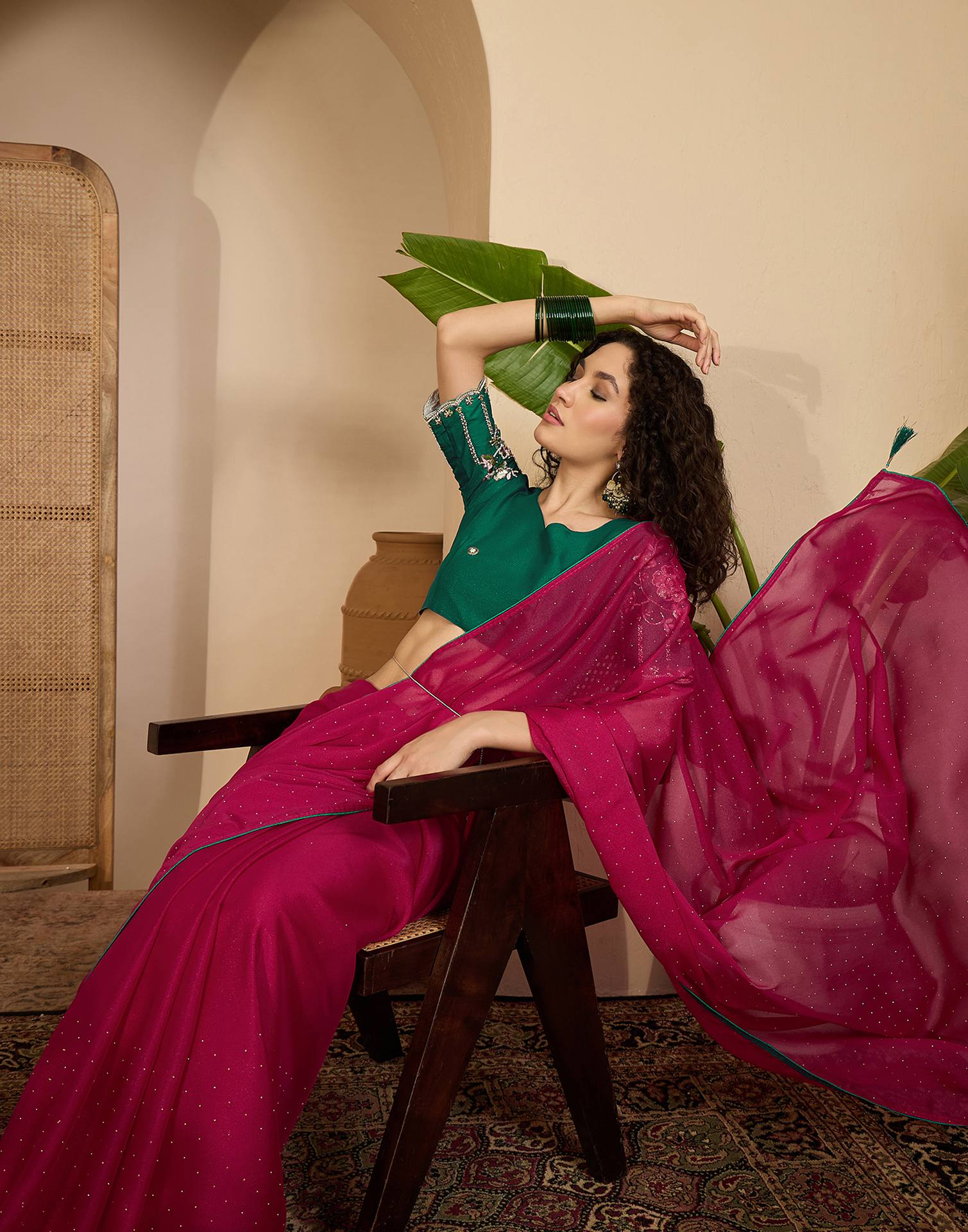 Dark Rani Pink Shimmer Stone Work Embellished saree