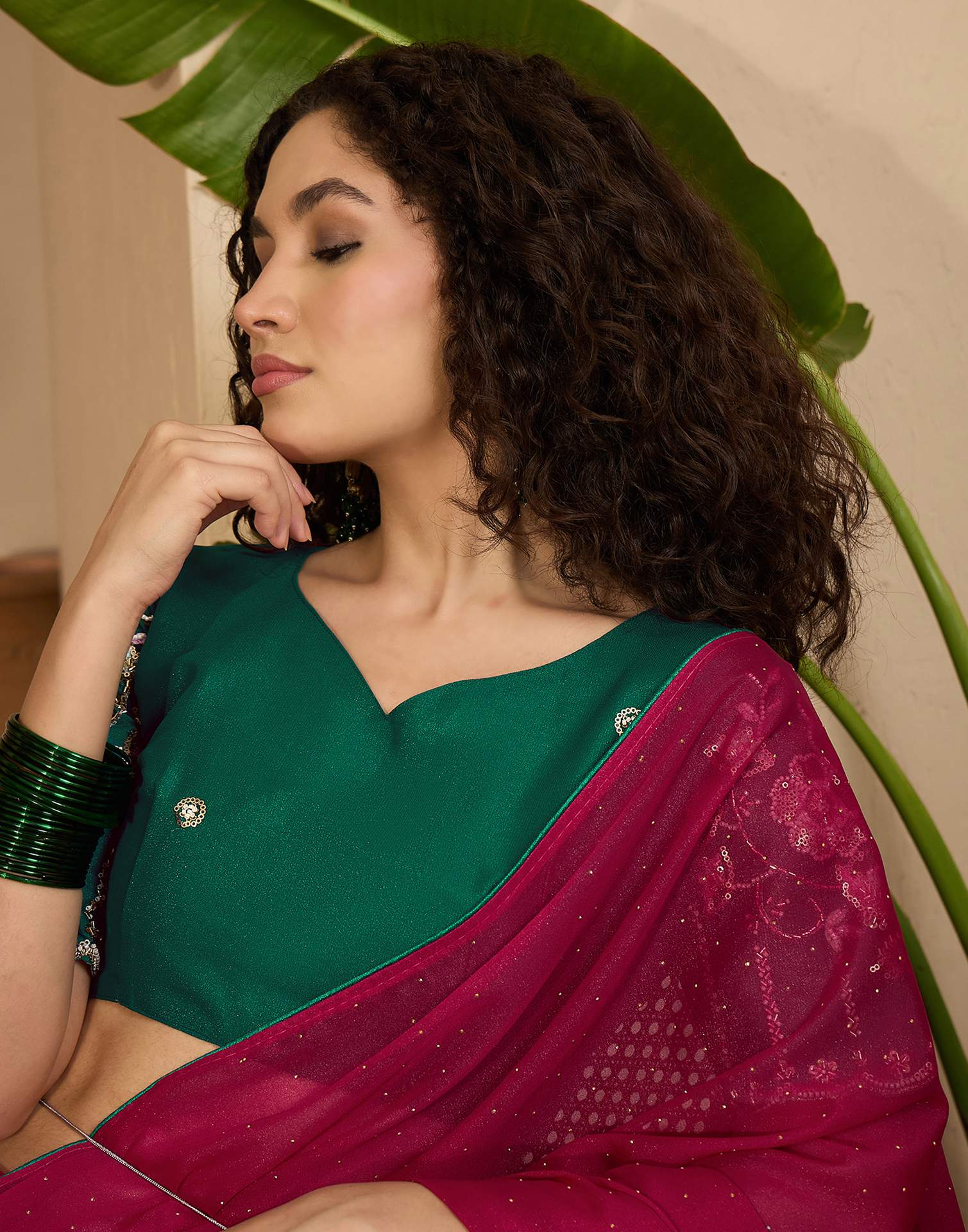 Dark Rani Pink Shimmer Stone Work Embellished saree