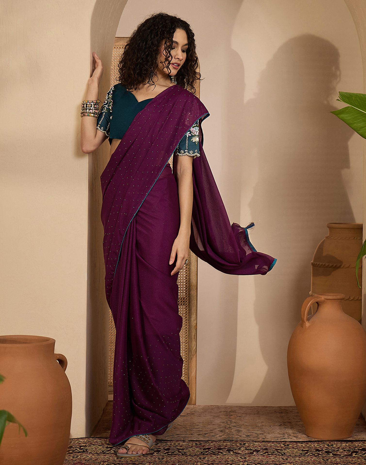 Dark Purple Shimmer Stone Work Embellished saree