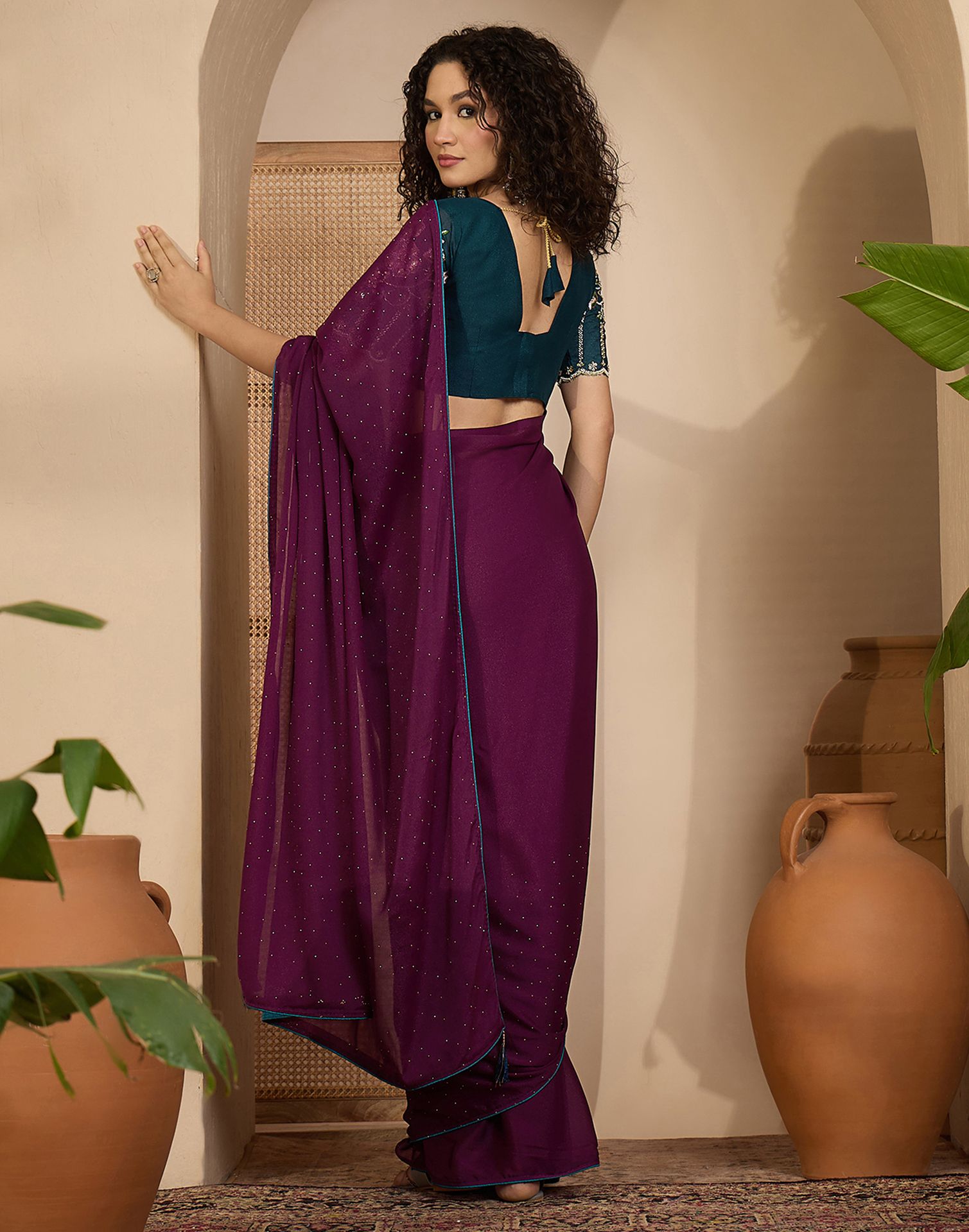 Dark Purple Shimmer Stone Work Embellished saree