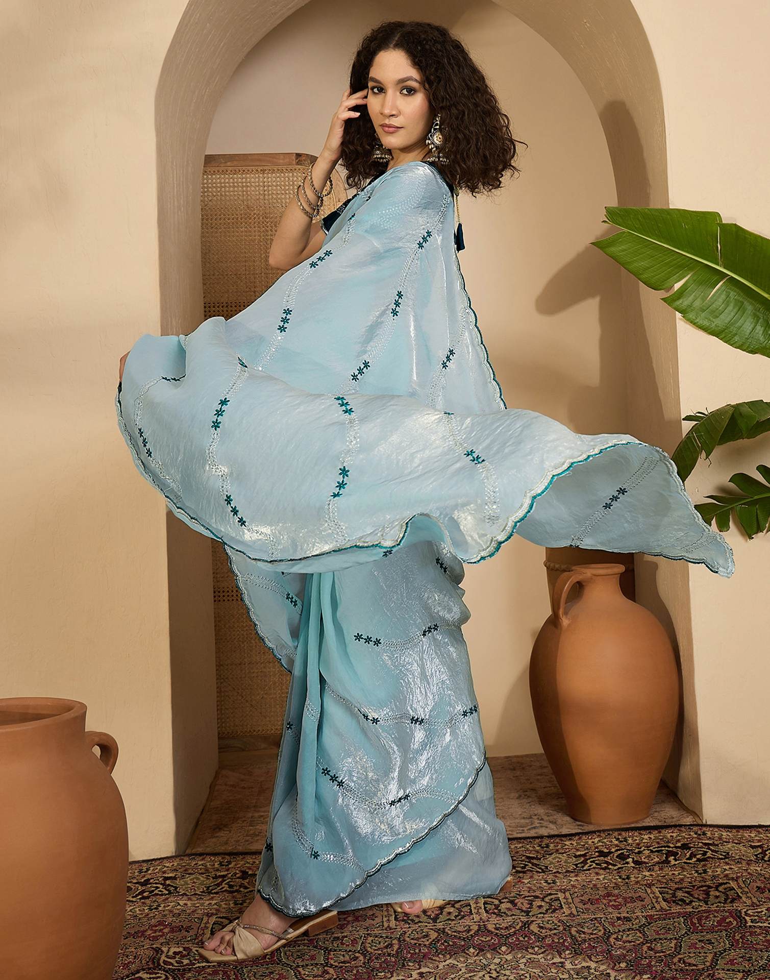Sky Blue Shimmer Tissue Sequence Embroidery saree