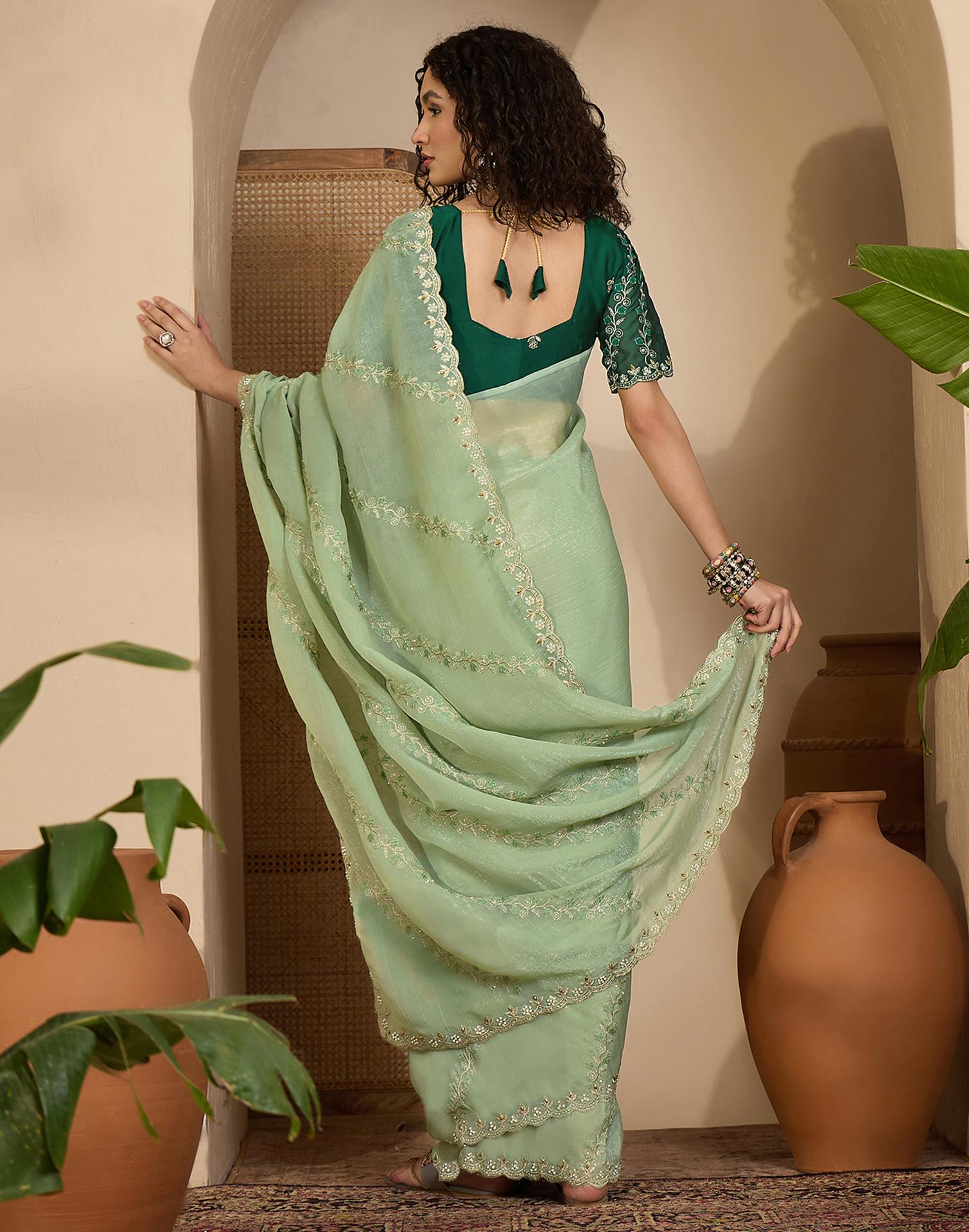 Pista Green Shimmer Chiffon Sequence Embroidery saree