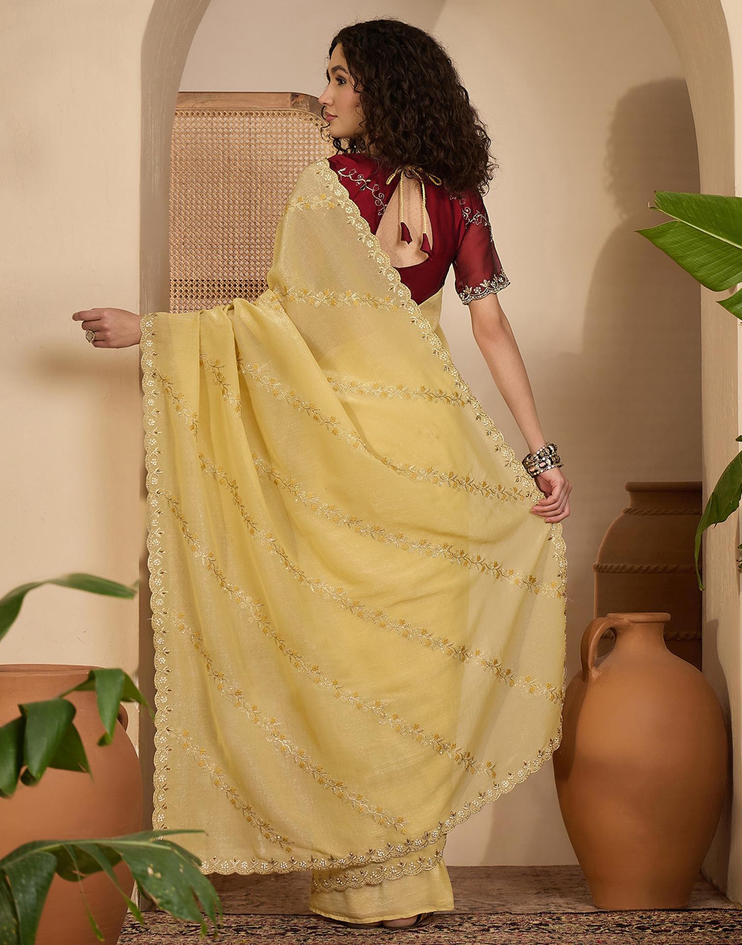 Light Yellow Shimmer Chiffon Sequence Embroidery saree