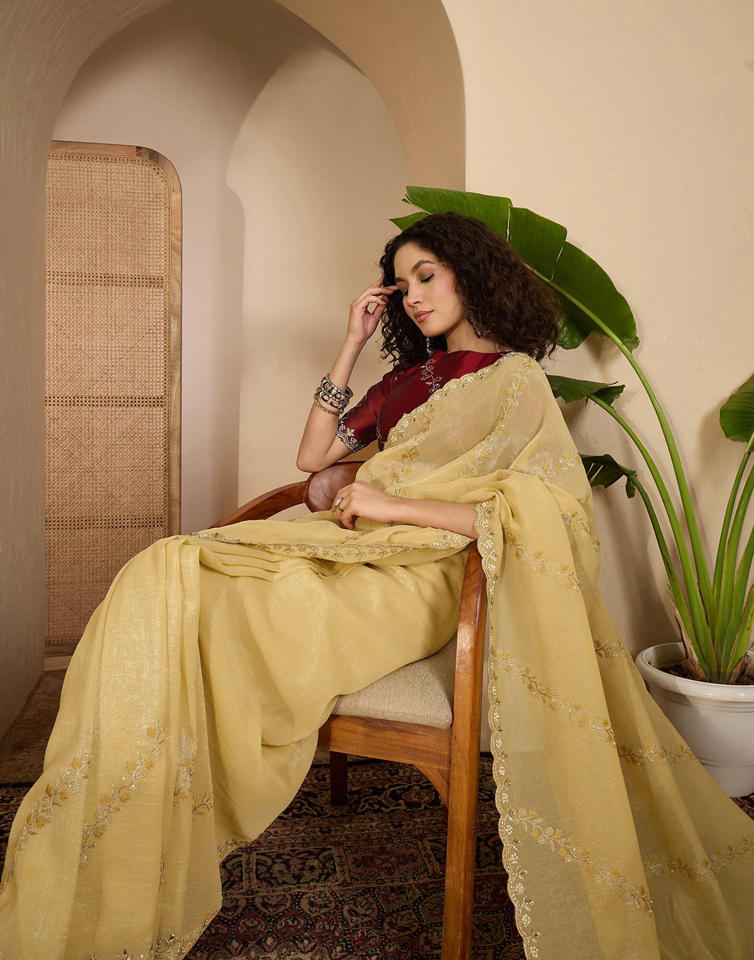 Light Yellow Shimmer Chiffon Sequence Embroidery saree