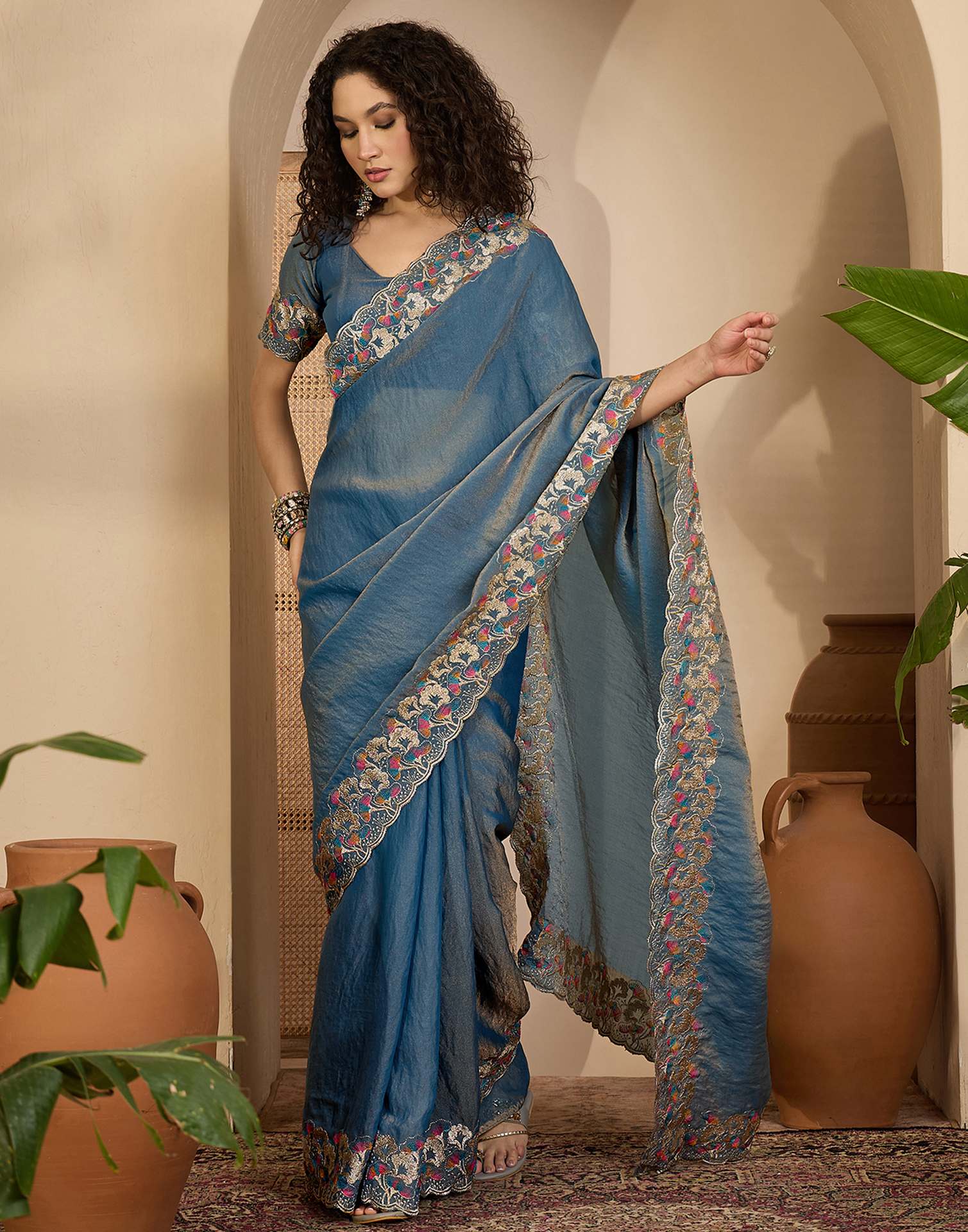 Dusty Blue Shimmer Sequence Embroidery Saree