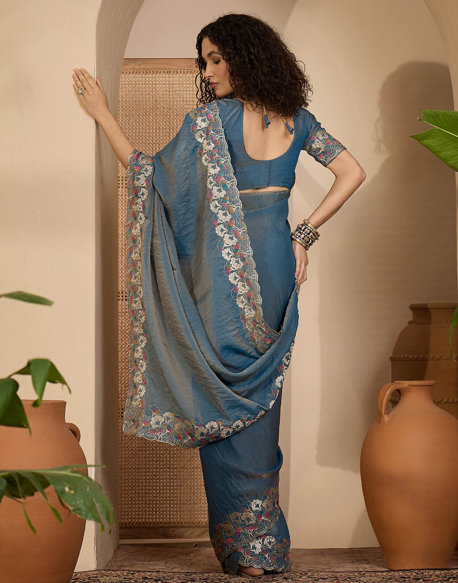 Dusty Blue Shimmer Sequence Embroidery Saree