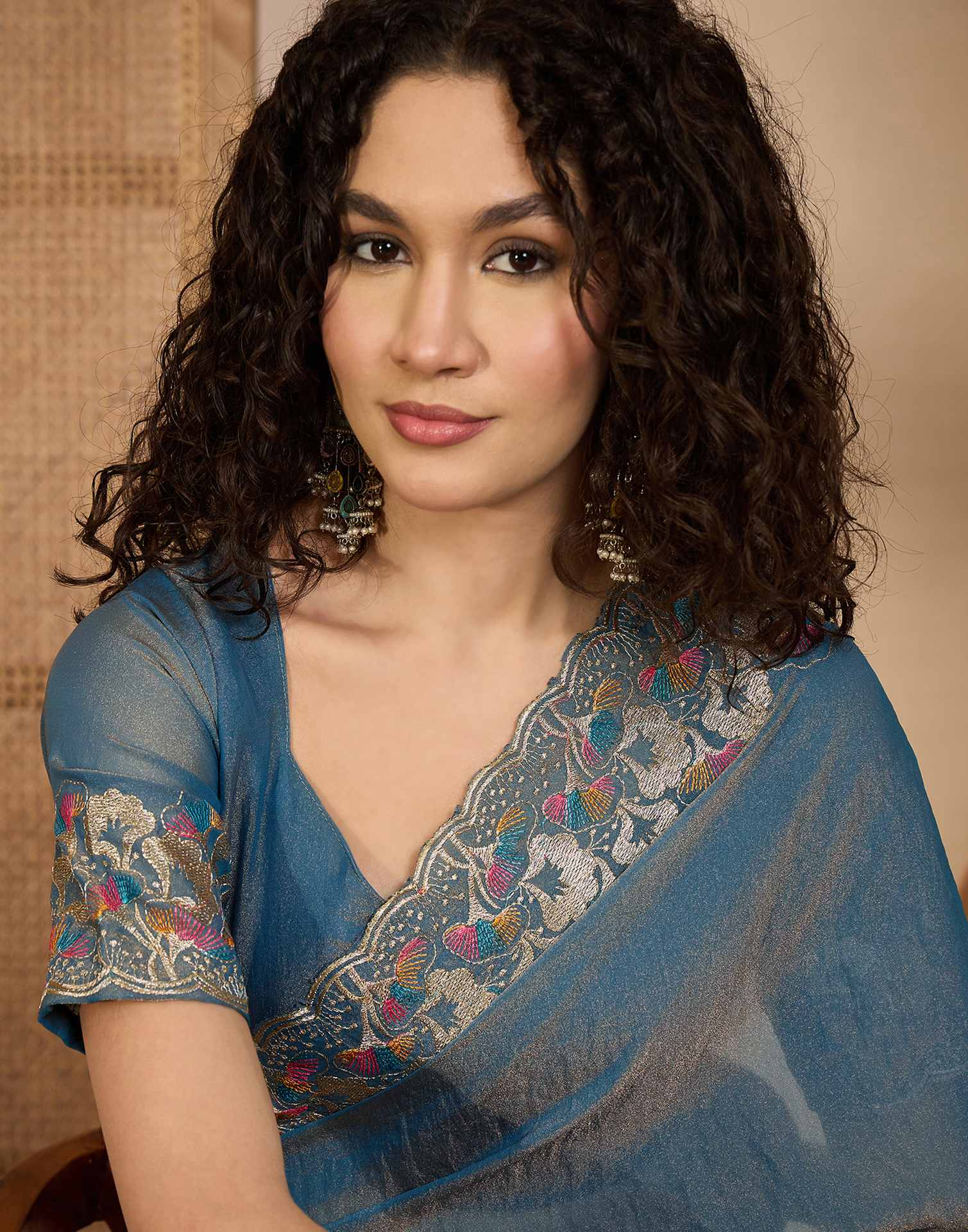 Dusty Blue Shimmer Sequence Embroidery Saree