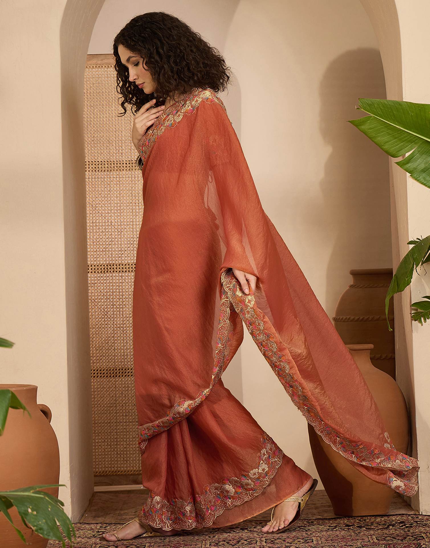 Orange Shimmer Sequence Embroidery Saree