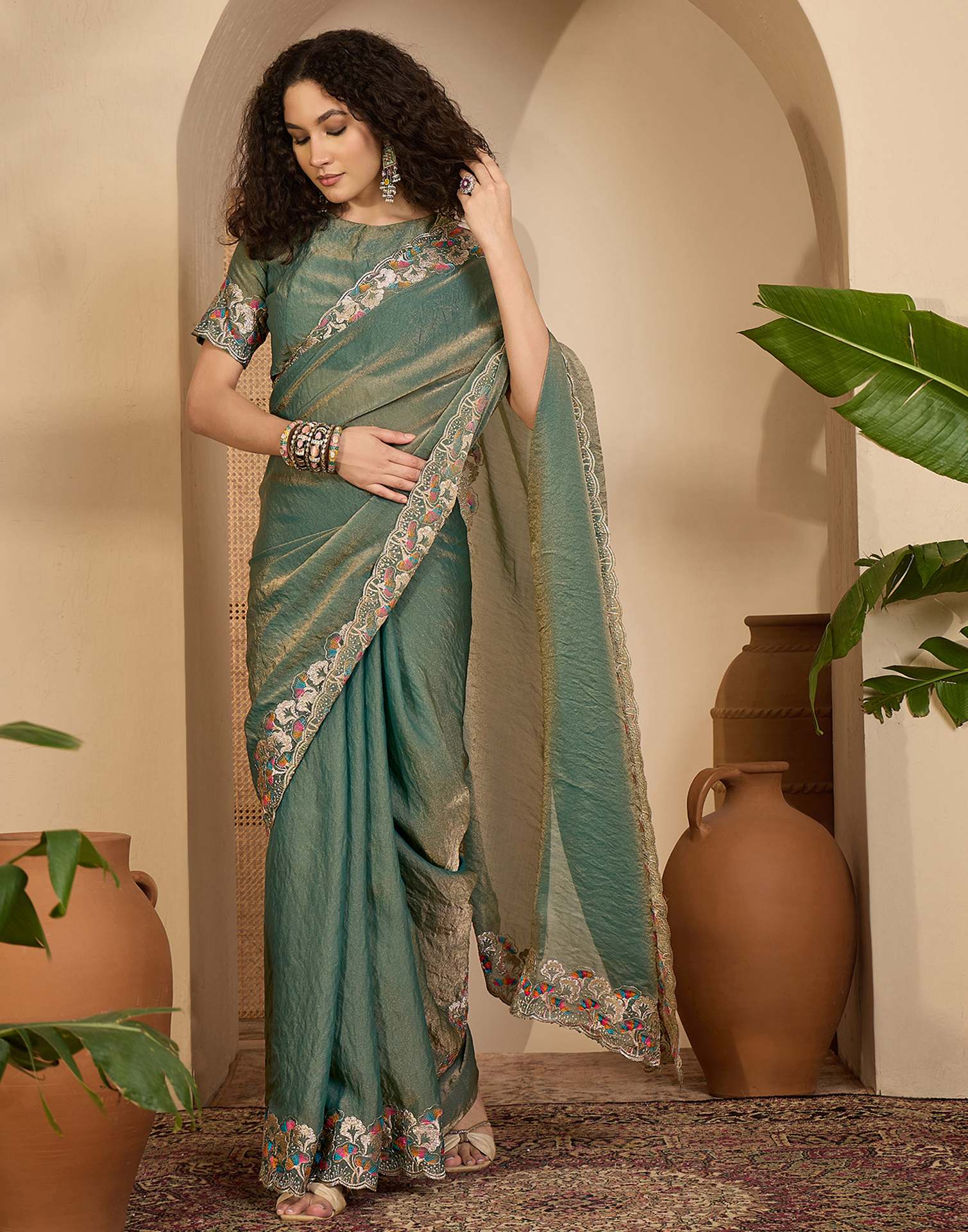 Sage Green Shimmer Sequence Embroidery Saree