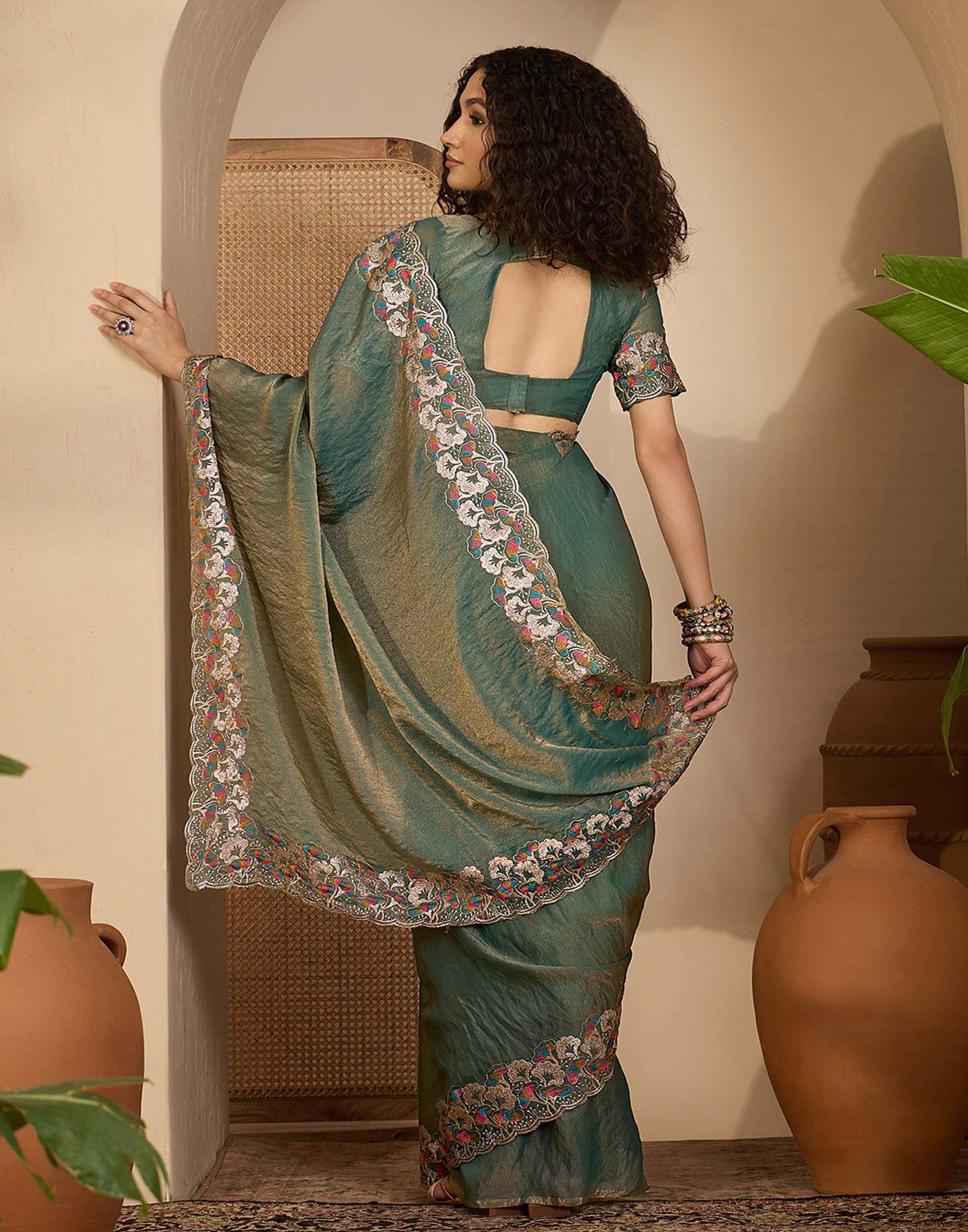 Sage Green Shimmer Sequence Embroidery Saree