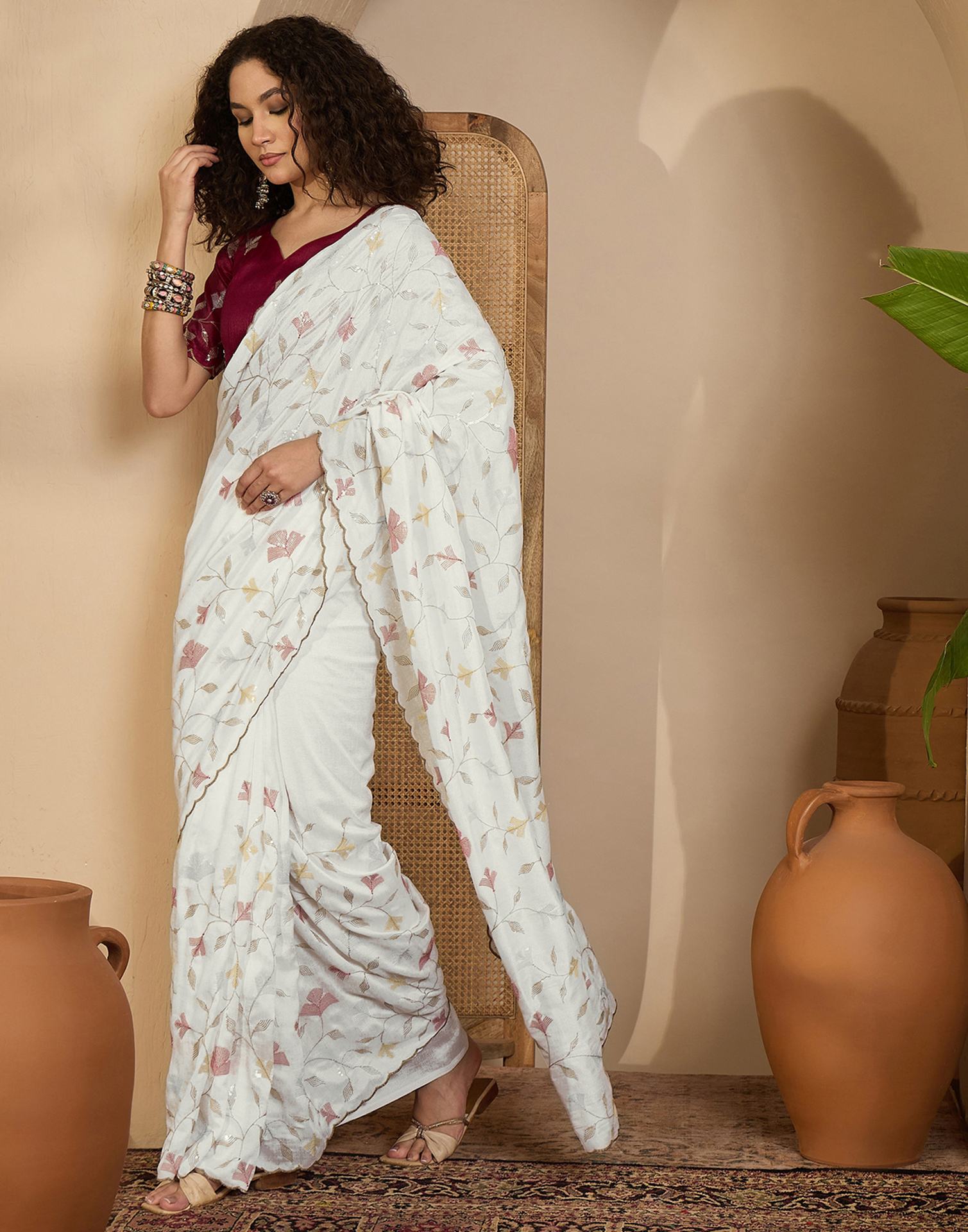 Off White Silk Sequence Embroidery Saree
