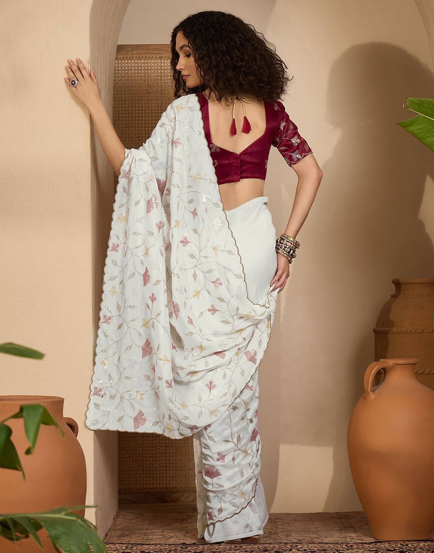 Off White Silk Sequence Embroidery Saree