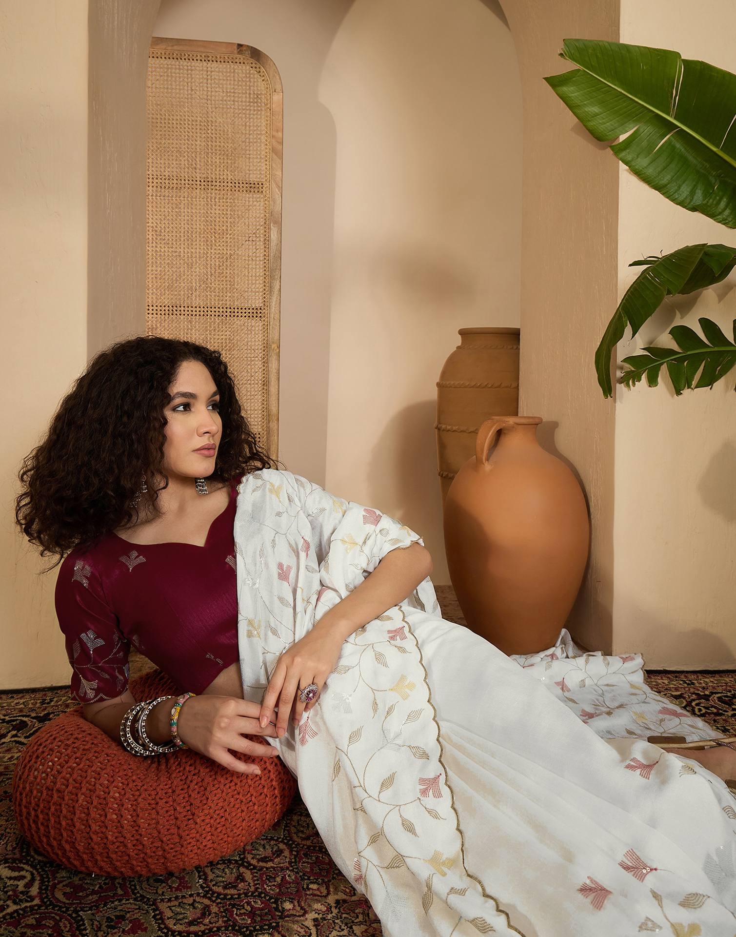 Off White Silk Sequence Embroidery Saree