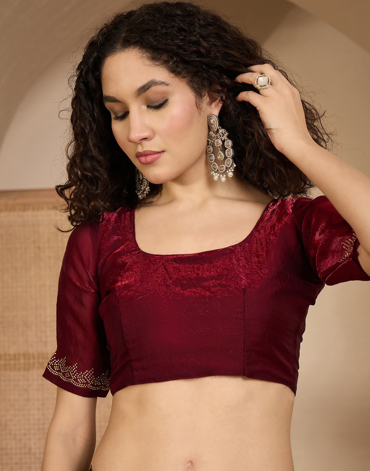 Maroon Shimmer Tissue Stone Work Swarovski saree